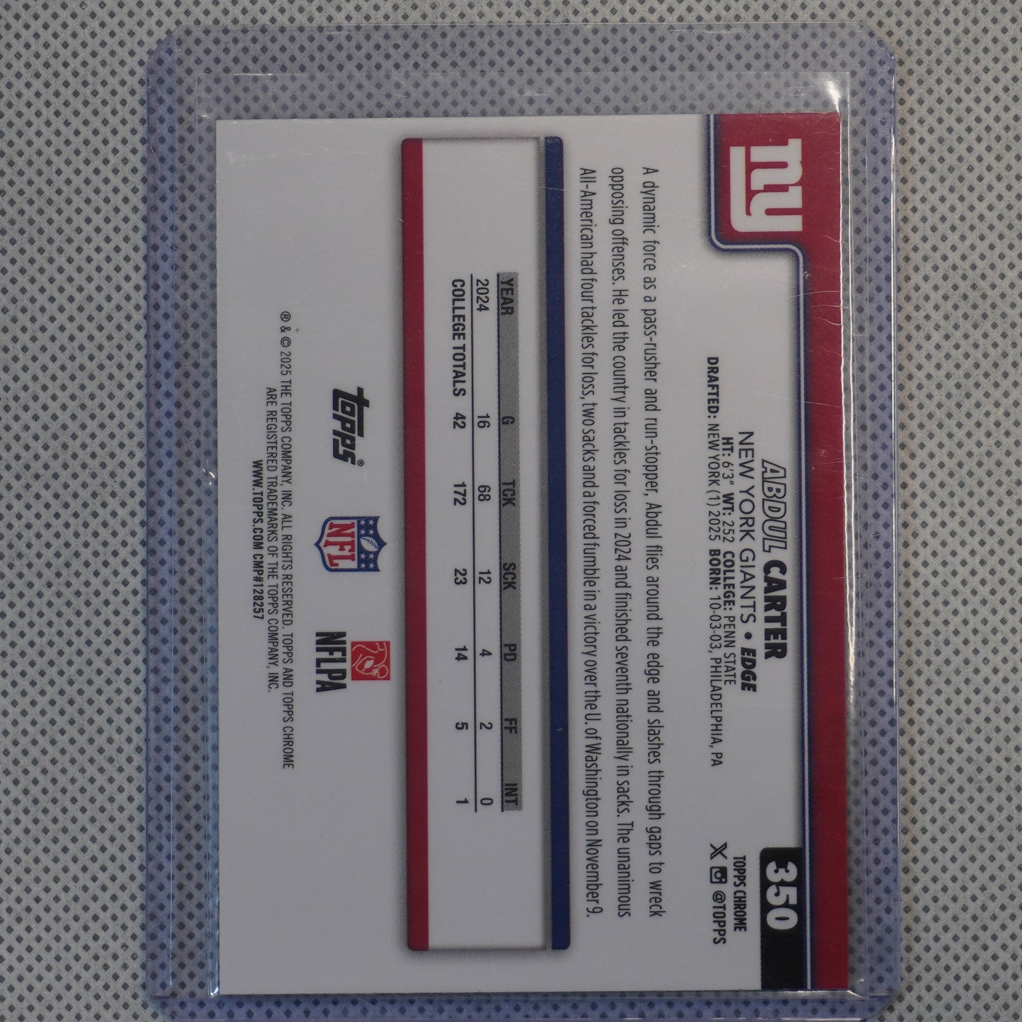 2025 Topps Chrome #350 Abdul Carter Ray Wave Refractor New York Giants RC