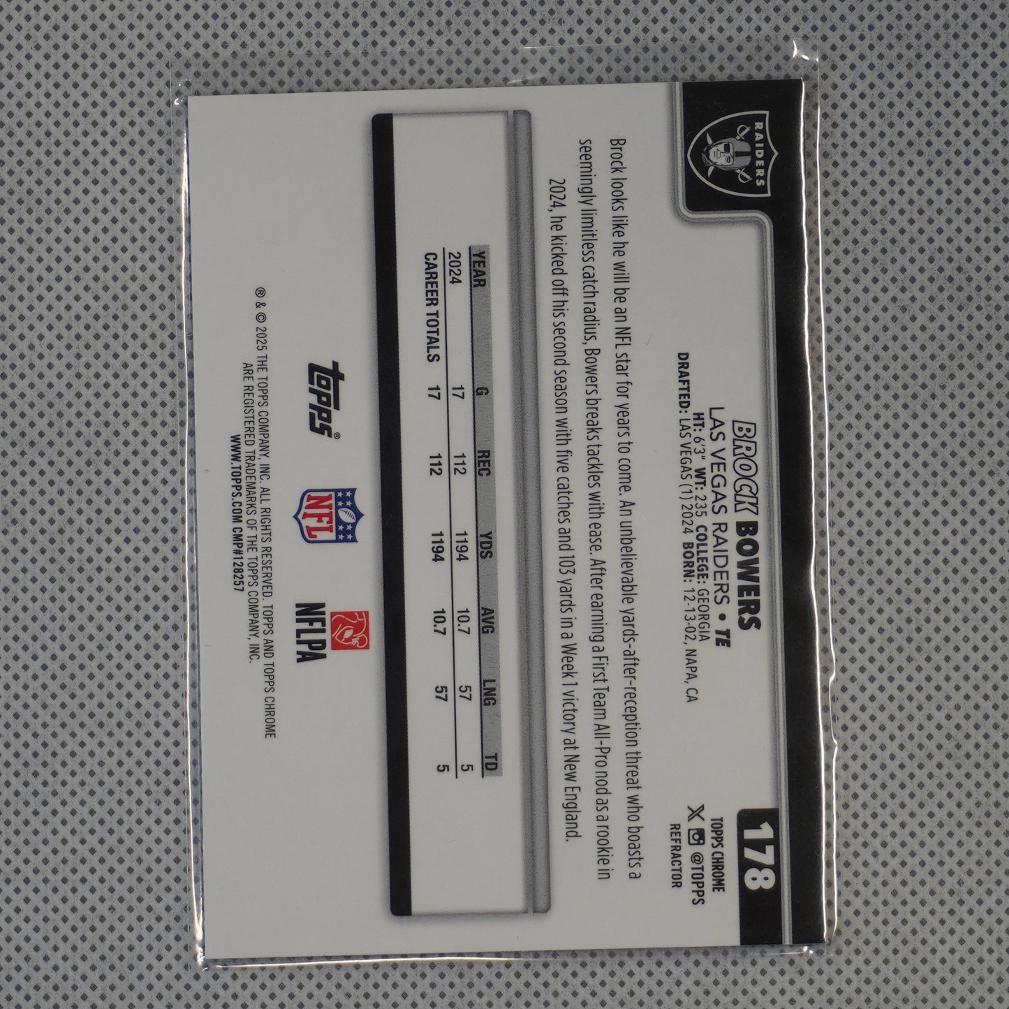 2025 Topps Chrome #178 Brock Bowers Refractor Las Vegas Raiders