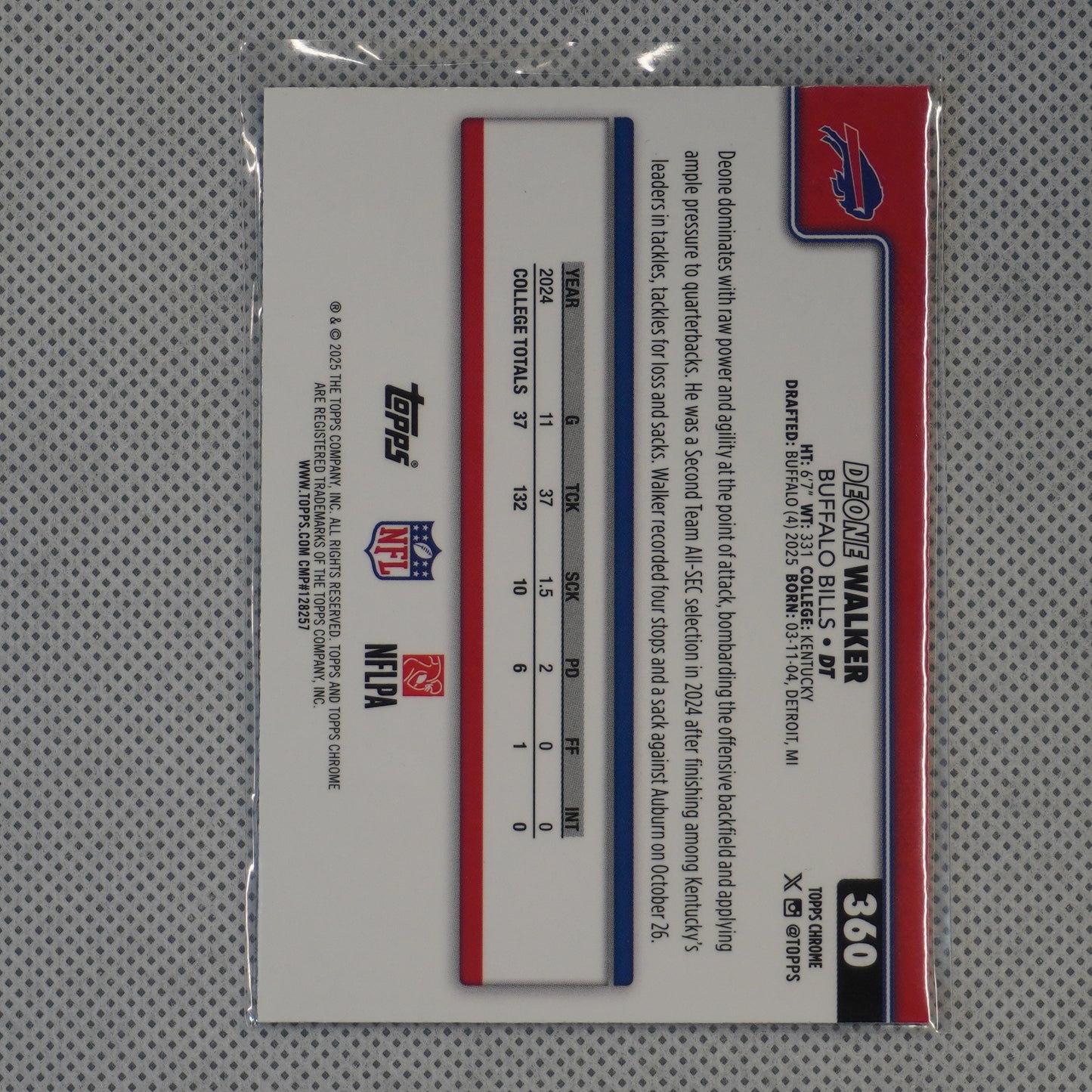 2025 Topps Chrome #360 Deone Walker Buffalo Bills RC