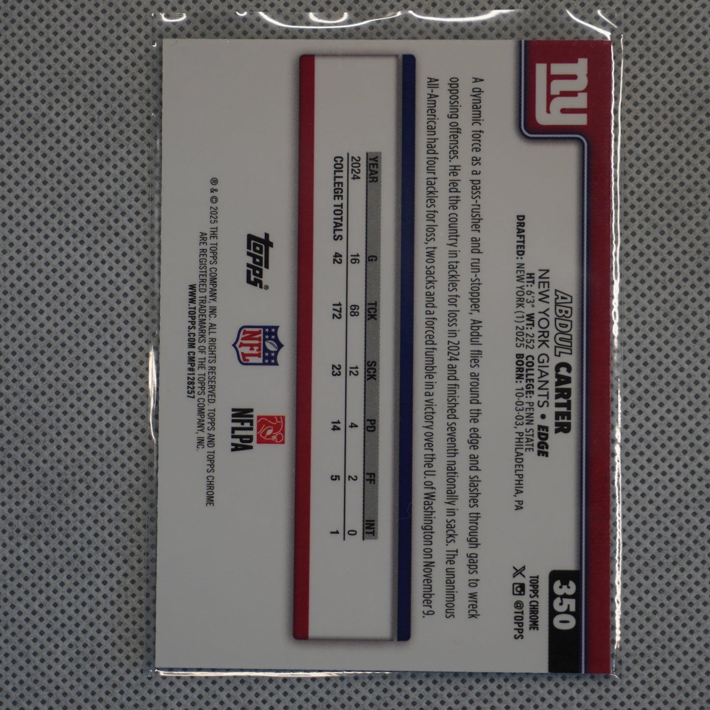 2025 Topps Chrome #350 Abdul Carter New York Giants RC