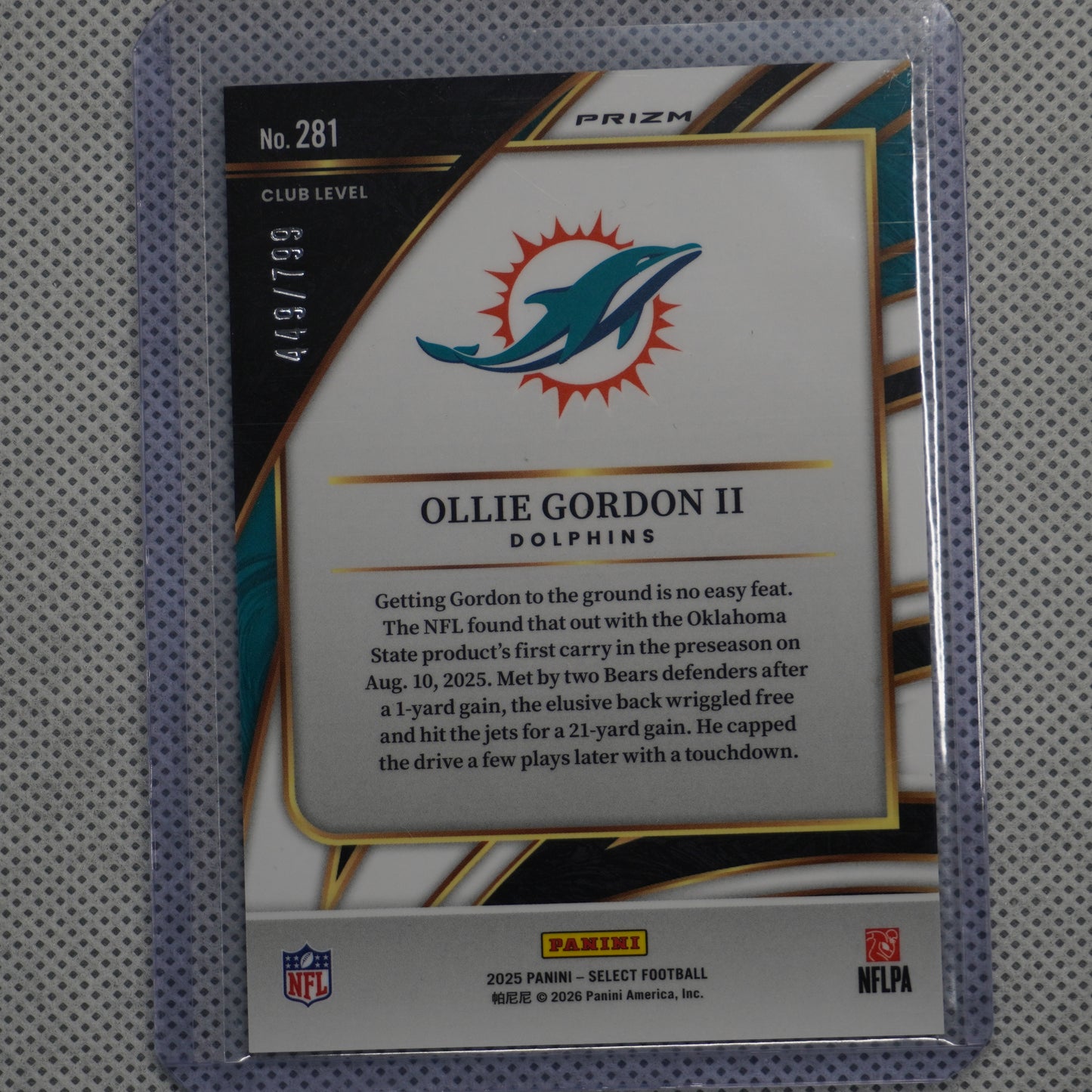 2025 Panini Select #281 Ollie Gordon II White Prizm Shock #/799 Miami Dolphins SN