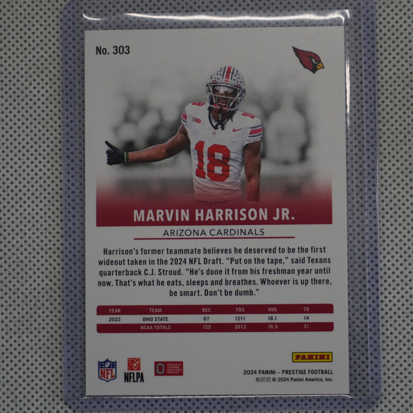 2024 Panini Prestige #303 Marvin Harrison Jr. Red Xtra Points #/999 Arizona Cardinals SN,RC