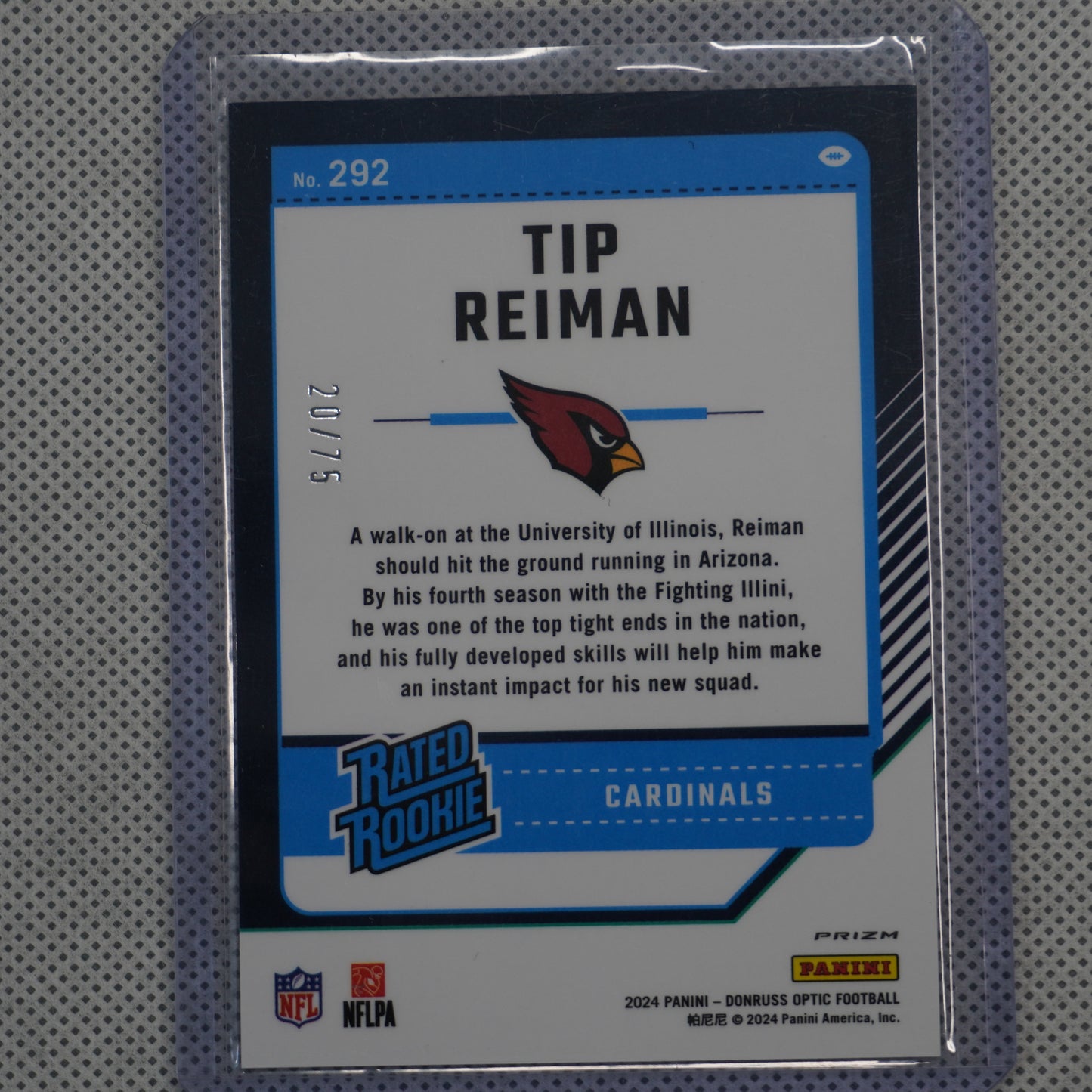 2024 Donruss Optic #292 Tip Reiman Electricity #/75 Arizona Cardinals SN