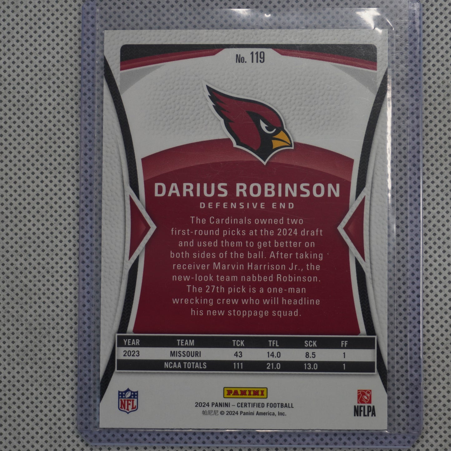 2024 Panini Totally Certified #118 Darius Robinson Arizona Cardinals RC