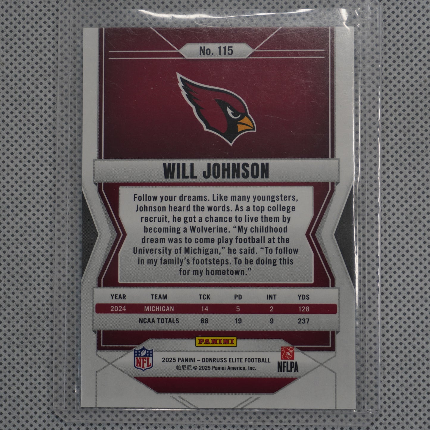 2025 Donruss Elite #115 Will Johnson Green Disco Arizona Cardinals RC