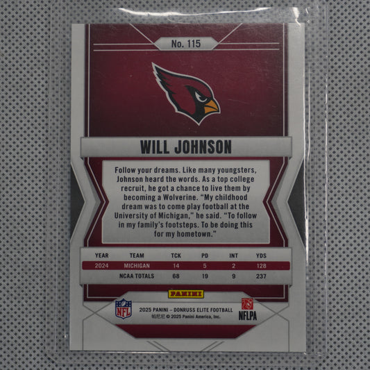 2025 Donruss Elite #115 Will Johnson Green Disco Arizona Cardinals RC