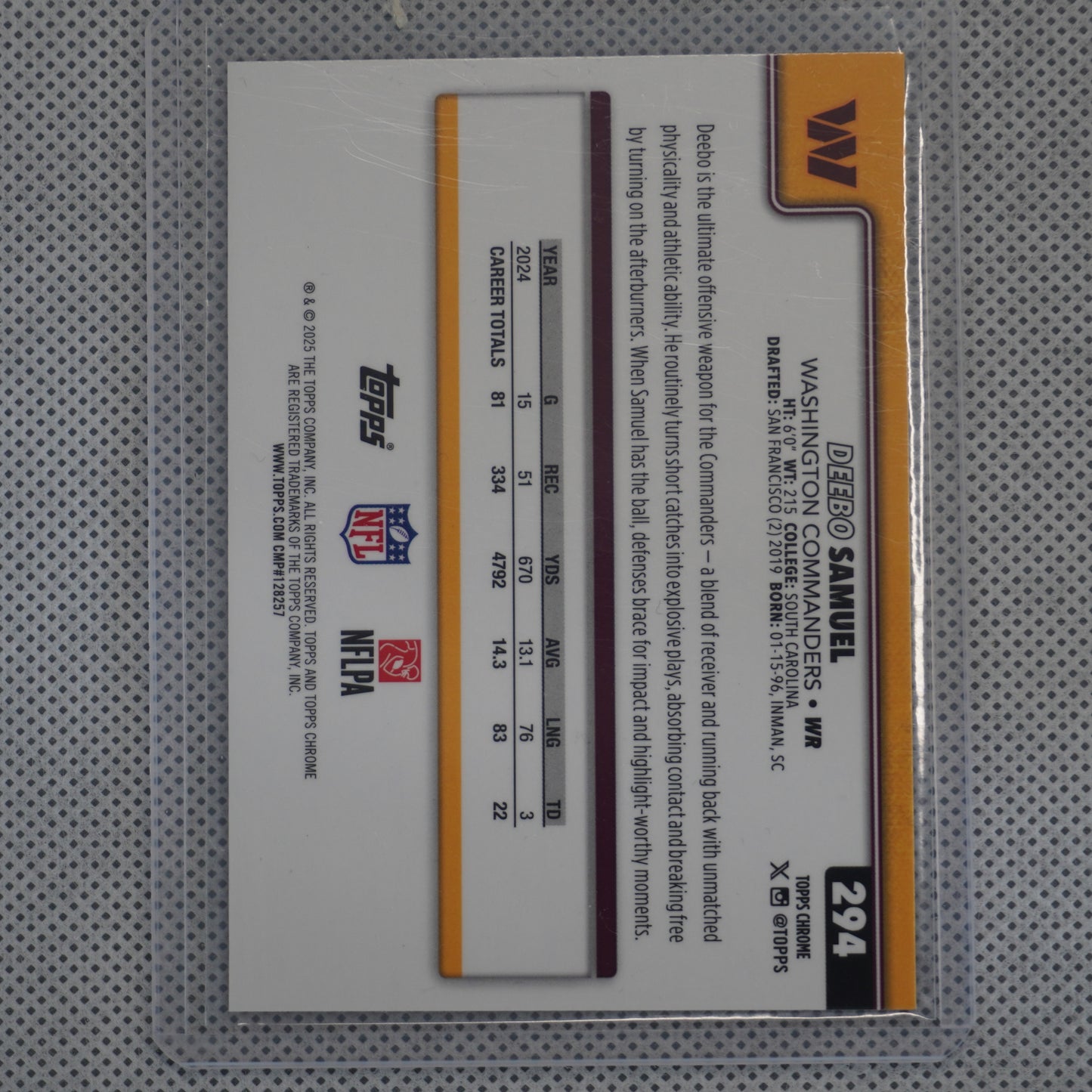 2025 Topps Chrome #294 Deebo Samuel Hot Pink X-Fractor Washington Commanders