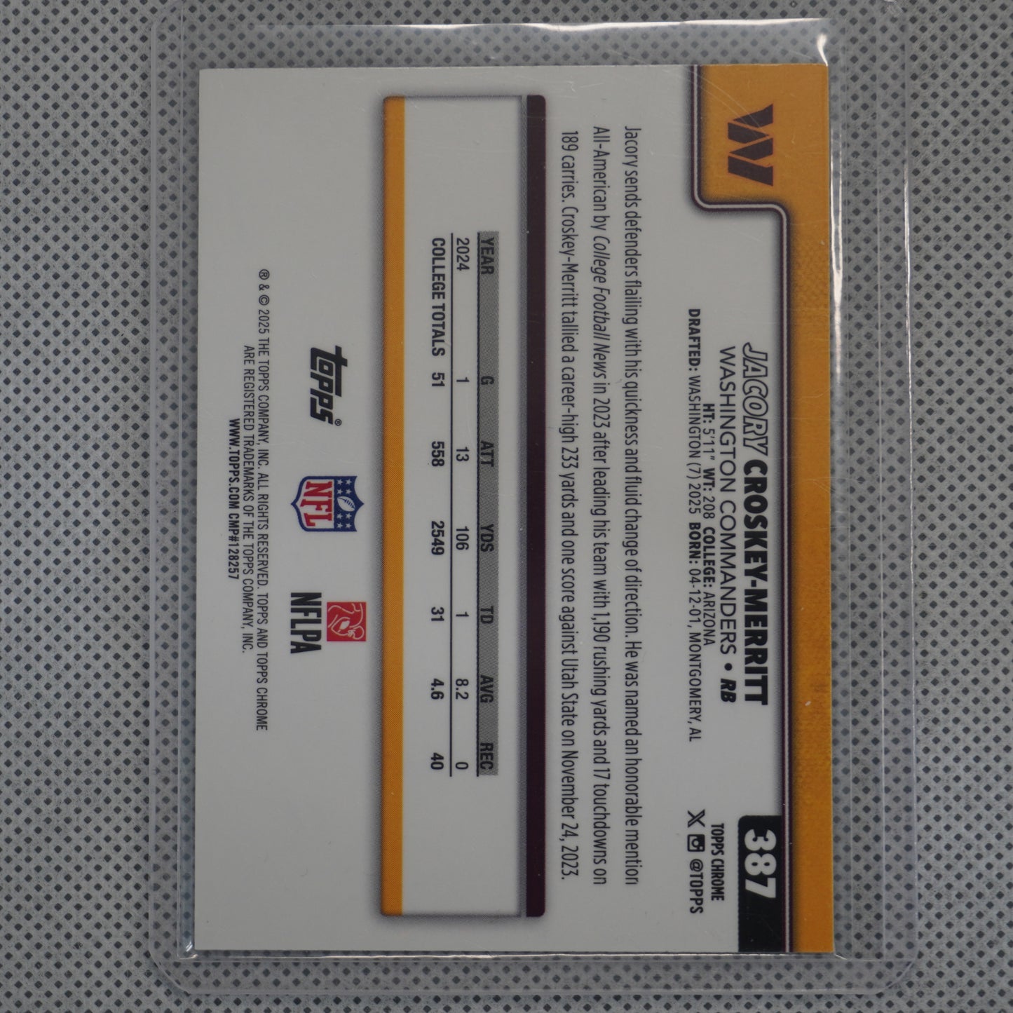 2025 Topps Chrome #387 Jacory Croskey-Merritt Red White and Blue Refractor Washington Commanders RC