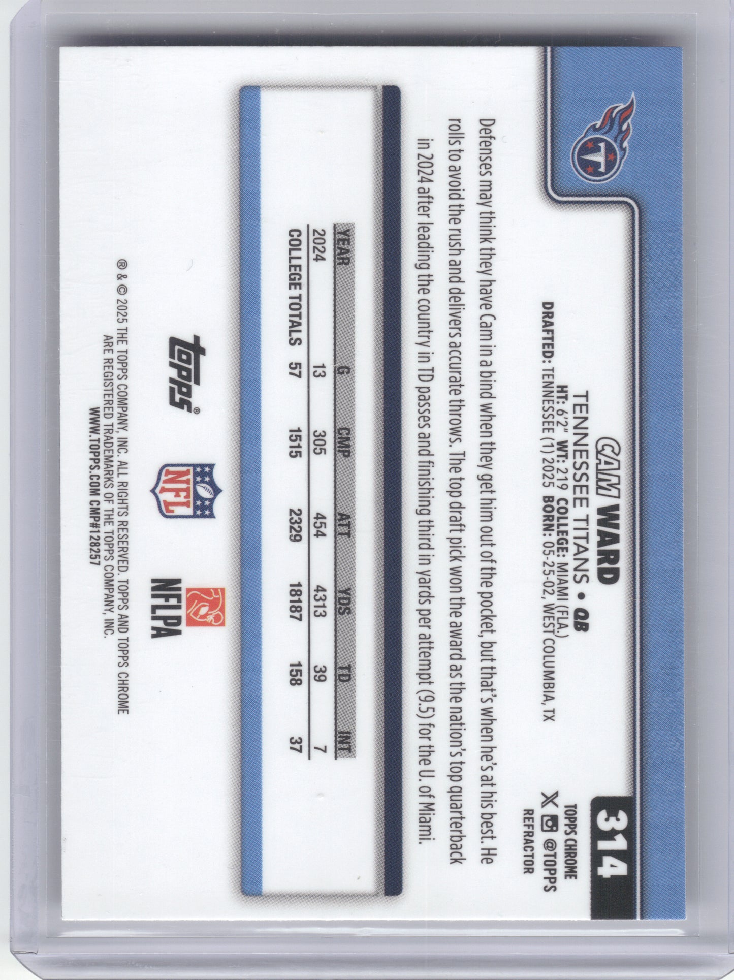 2025 Topps Chrome #314 Cam Ward Refractor Tennessee Titans RC