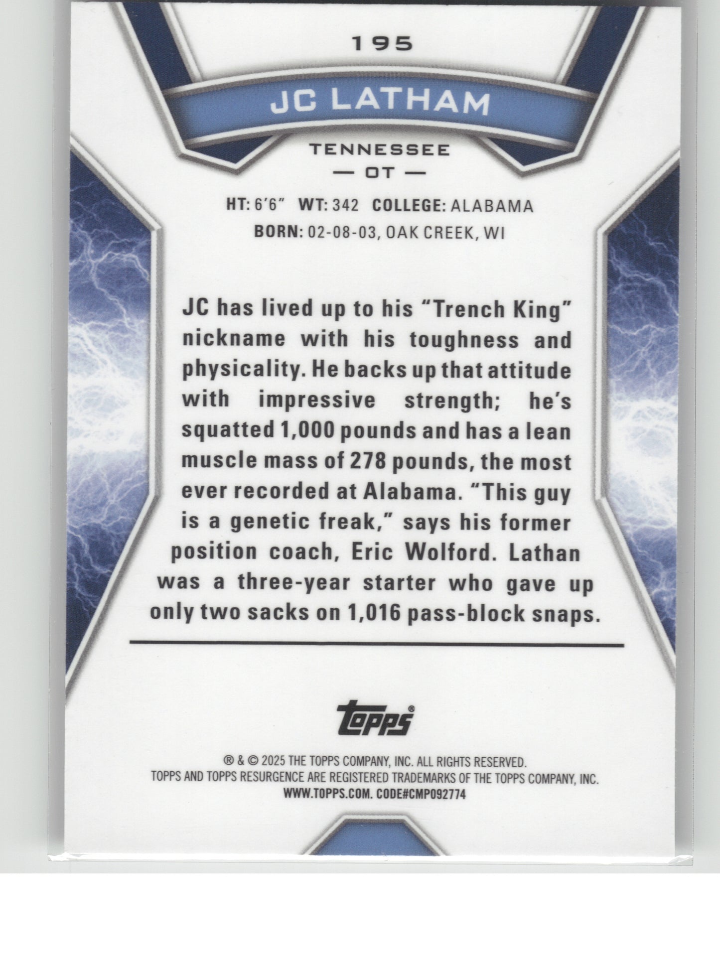 2024 Topps Resurgence #195 JC Latham Refractor Tennessee Titans RC