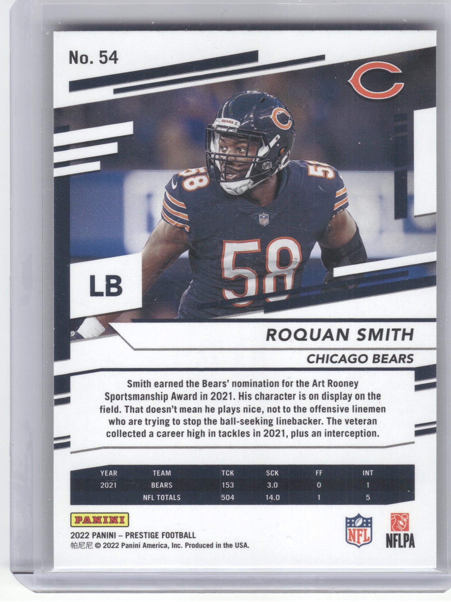 2022 Panini Prestige #54 Roquan Smith Xtra Points Diamond Chicago Bears
