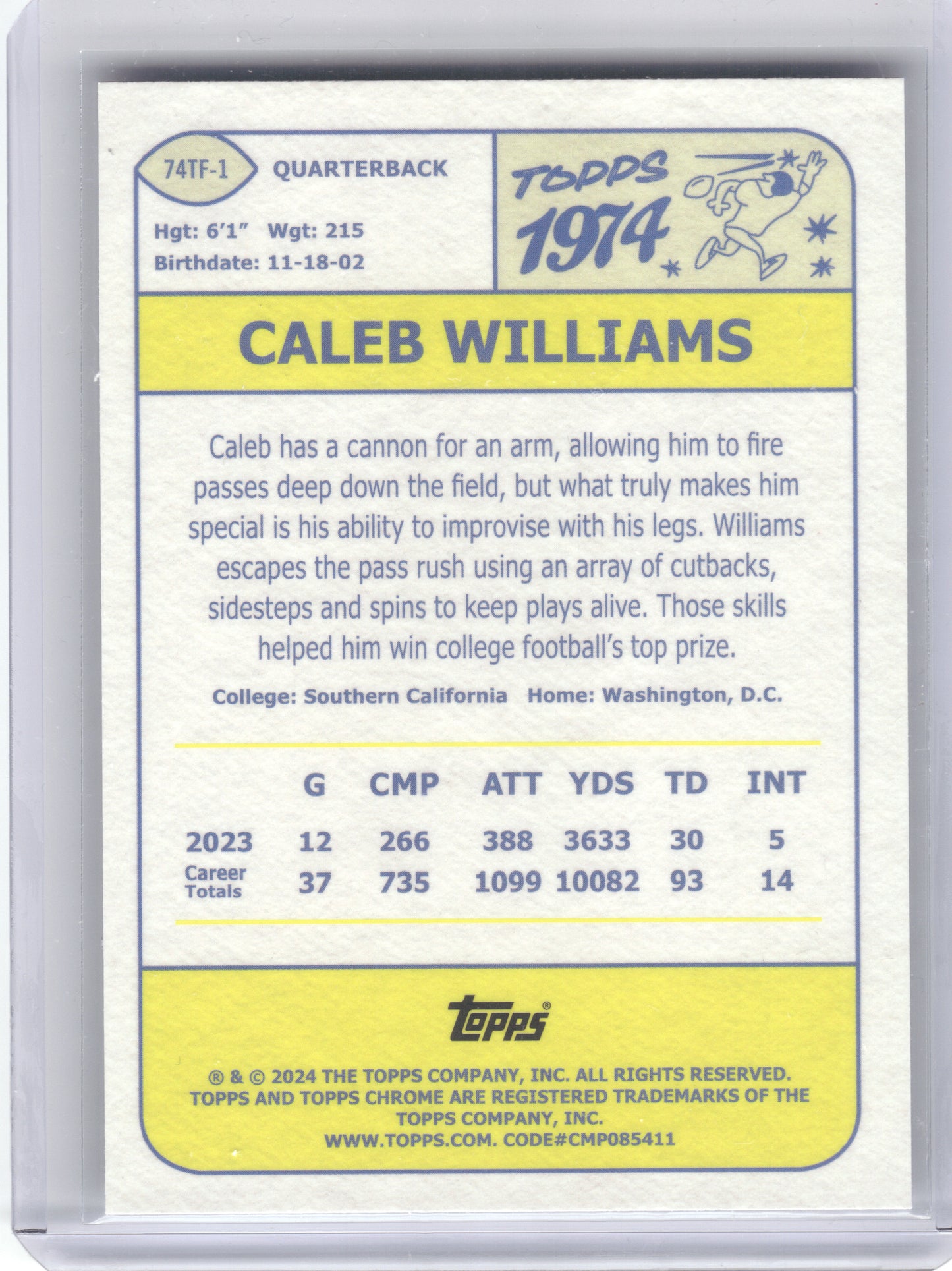 2024 Topps Chrome #74TF-1 Caleb Williams 1974 Topps Football X-Fractor Chicago Bears