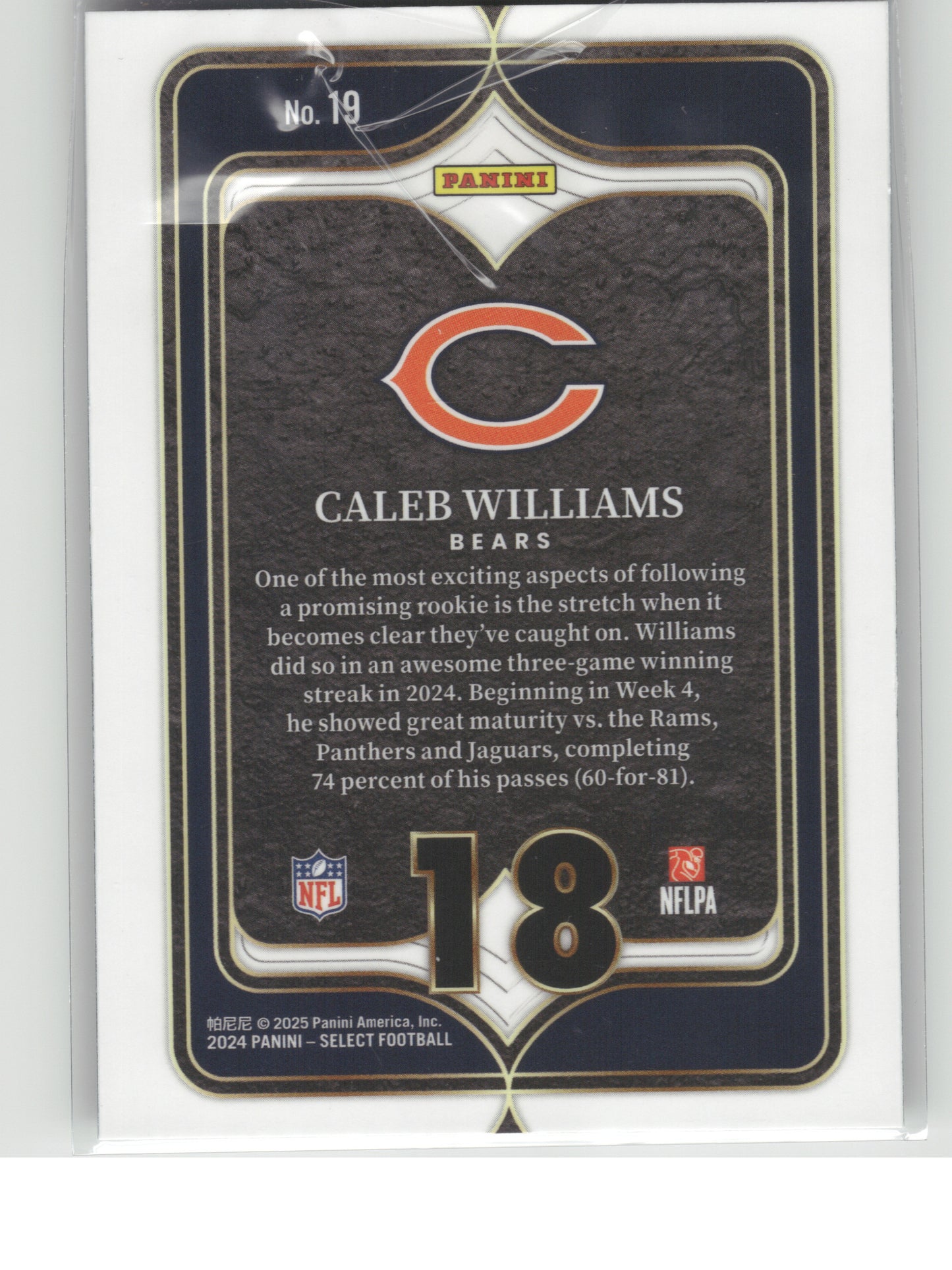 2024 Panini Select #19 Caleb Williams Select Numbers Chicago Bears