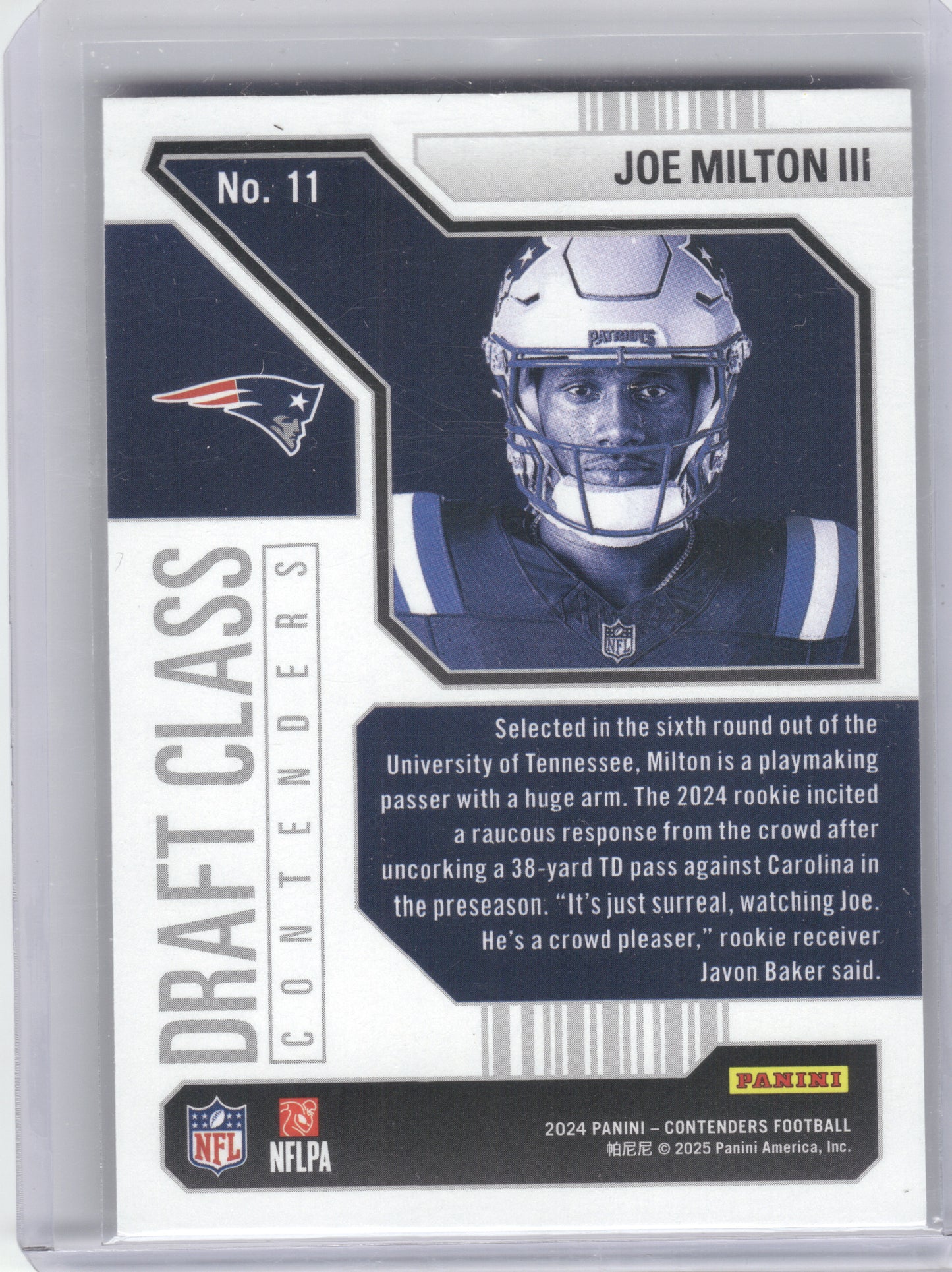 2024 Panini Contenders #11 Joe Milton III Draft Class Contenders Bronze New England Patriots