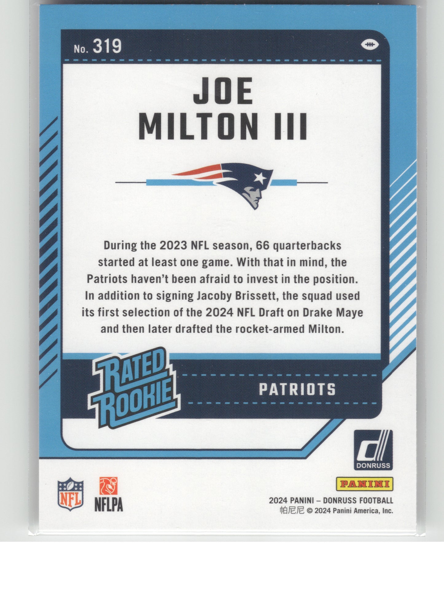 2024 Donruss #319 Joe Milton III New England Patriots RC