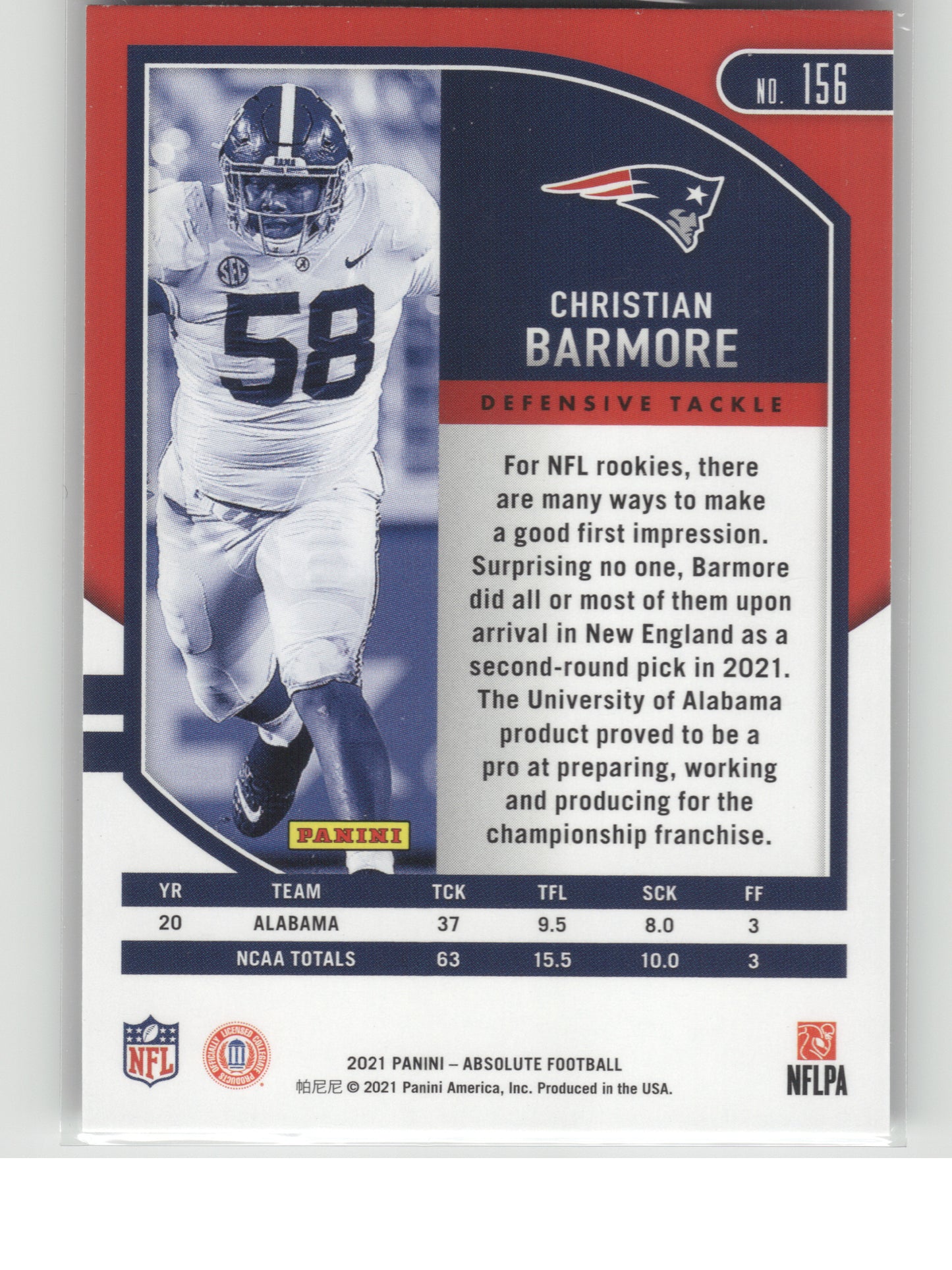 2021 Panini Absolute #156 Christian Barmore Retail New England Patriots RC