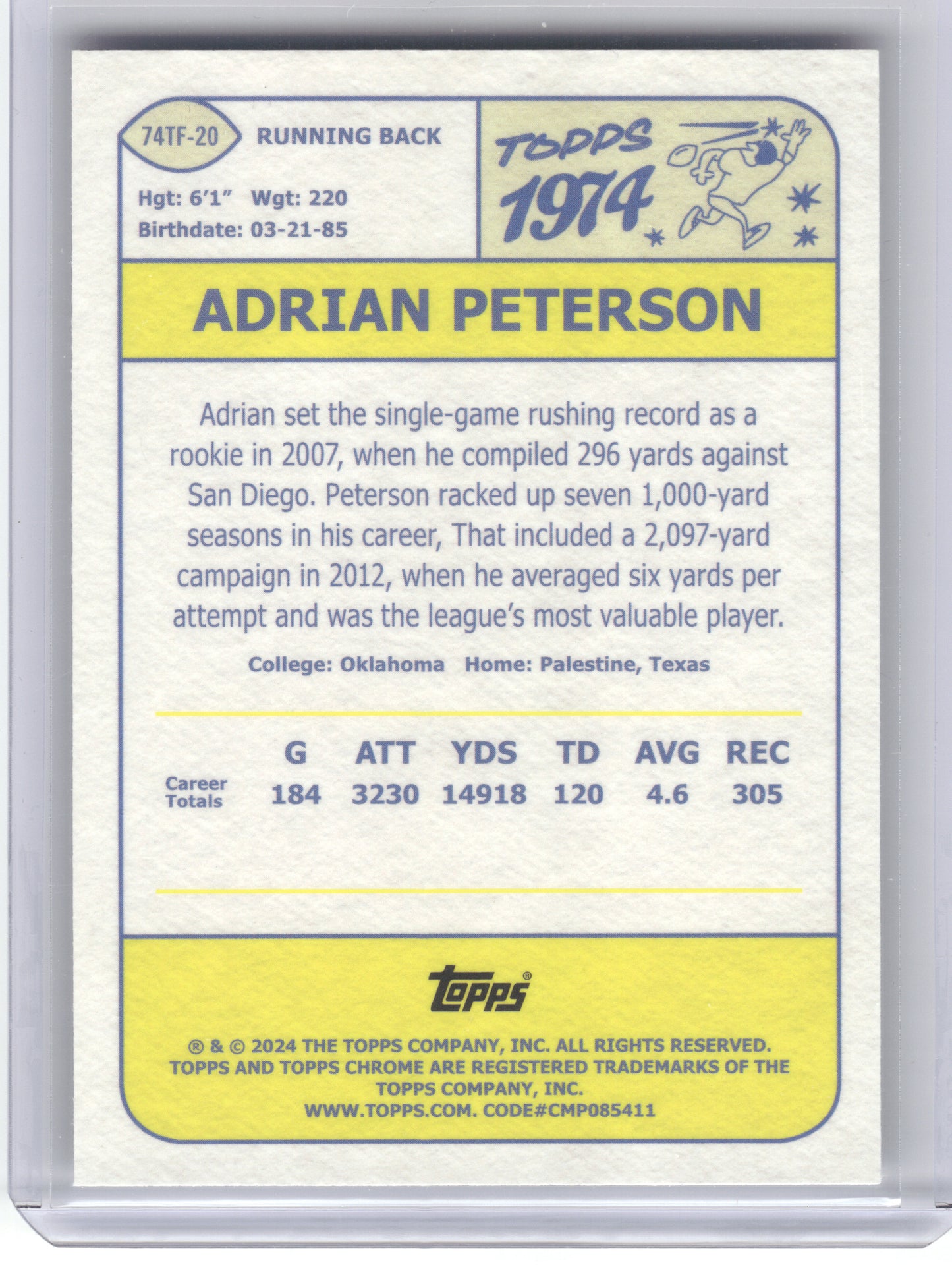 2024 Topps Chrome #74TF-20 Adrian Peterson 1974 Topps Football Minnesota Vikings