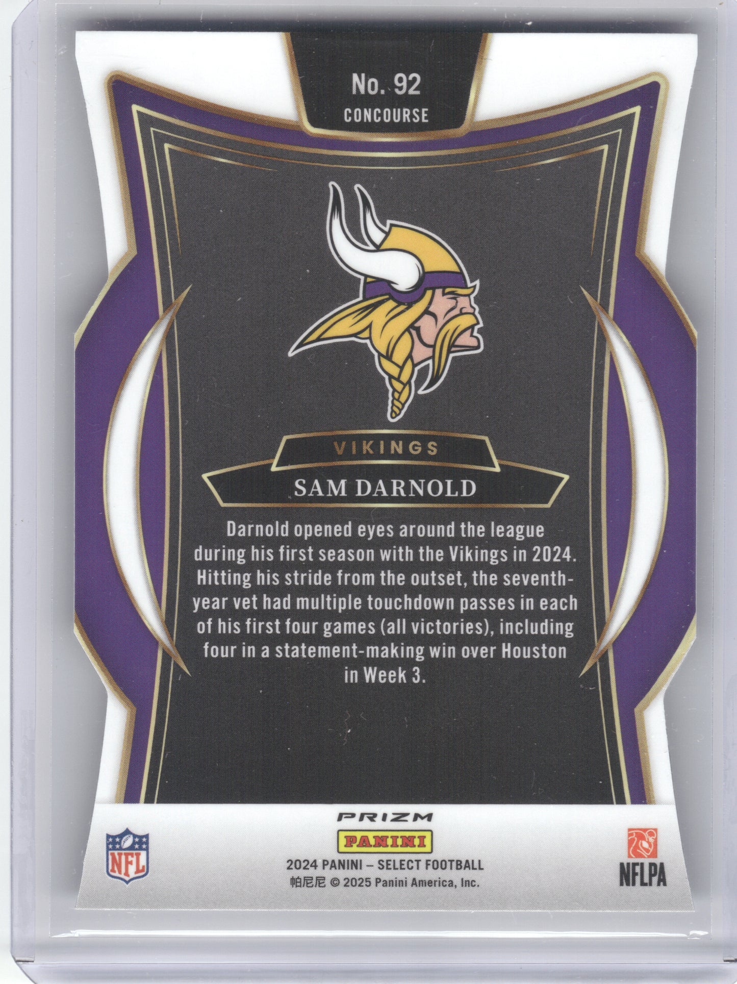 2024 Panini Select #92 Sam Darnold Silver Prizm Die Cut Minnesota Vikings
