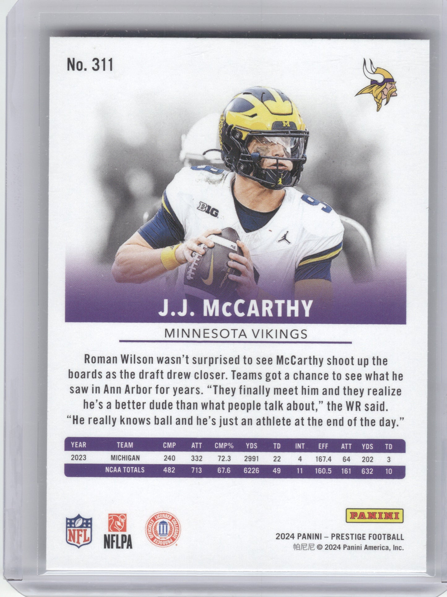 2024 Panini Prestige #311 J.J. McCarthy Minnesota Vikings RC