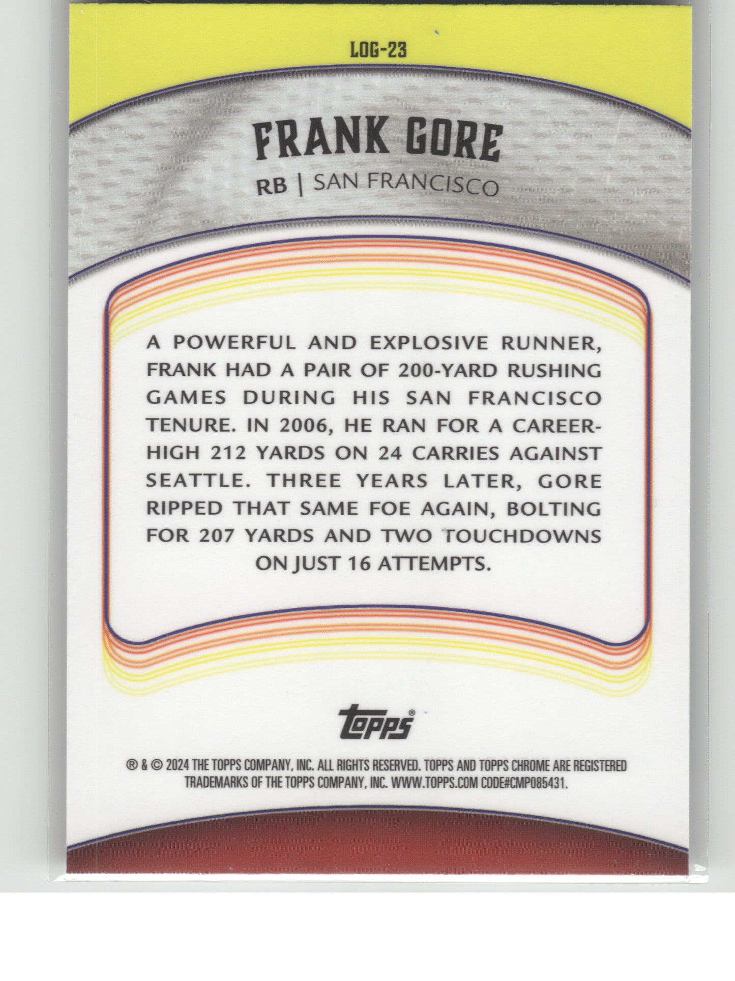 2024 Topps Chrome #LOG-23 Frank Gore Legends of the Gridiron X-Fractor San Francisco 49ers