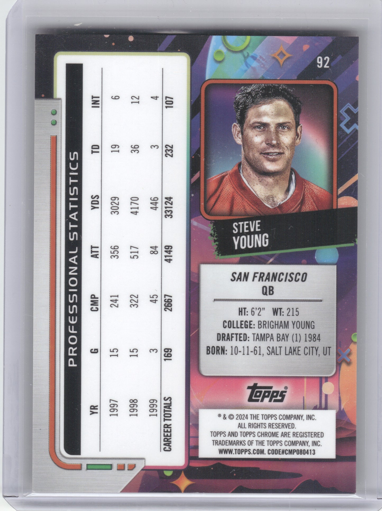 2024 Topps Chrome Cosmic #92 Steve Young Gold Interstellar Refractors #/50 San Francisco 49ers SN