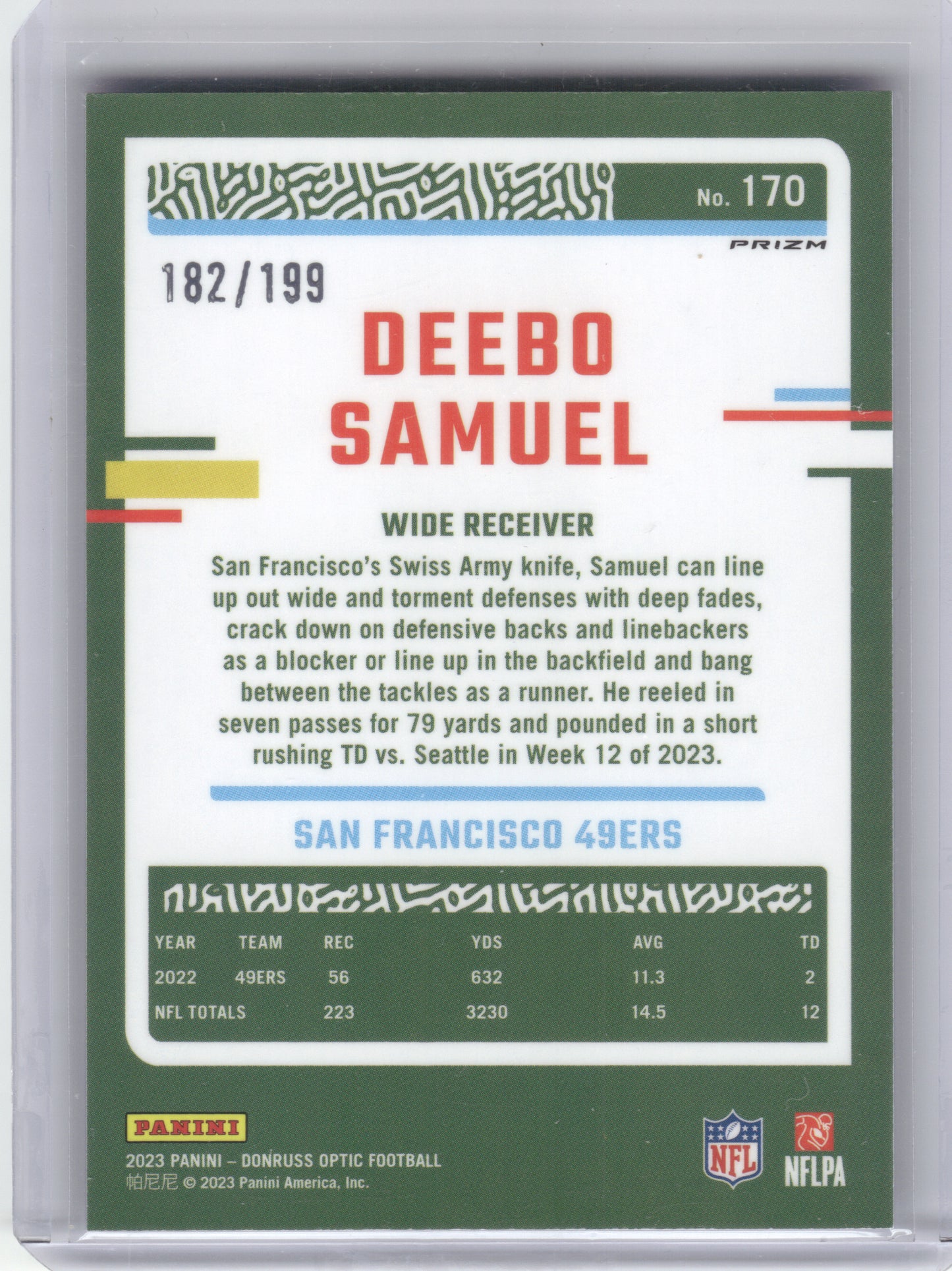2023 Donruss Optic #170 Deebo Samuel Blue #/199 San Francisco 49ers SN