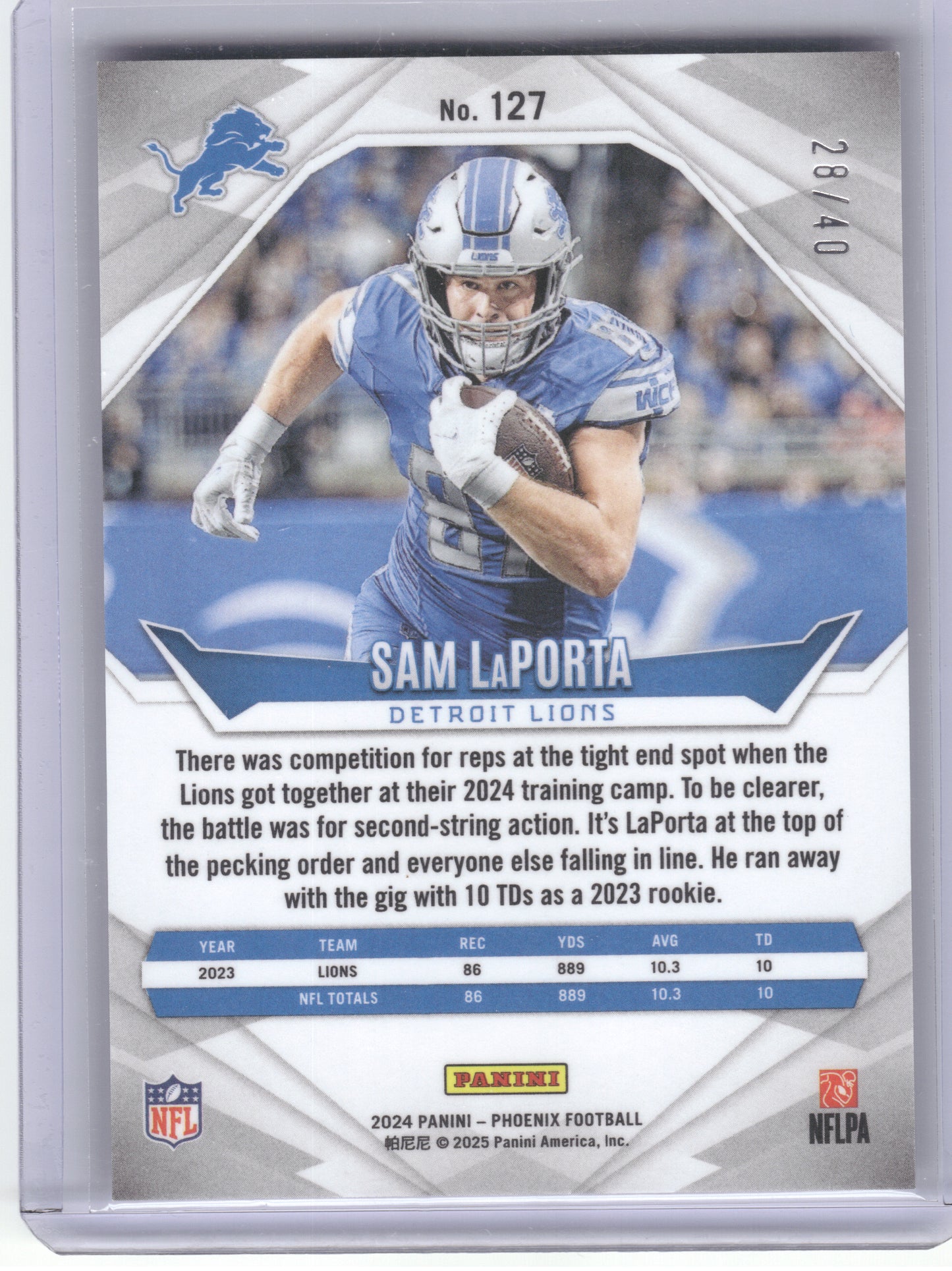 2024 Panini Phoenix #127 Sam LaPorta Pink #/40 Detroit Lions SN