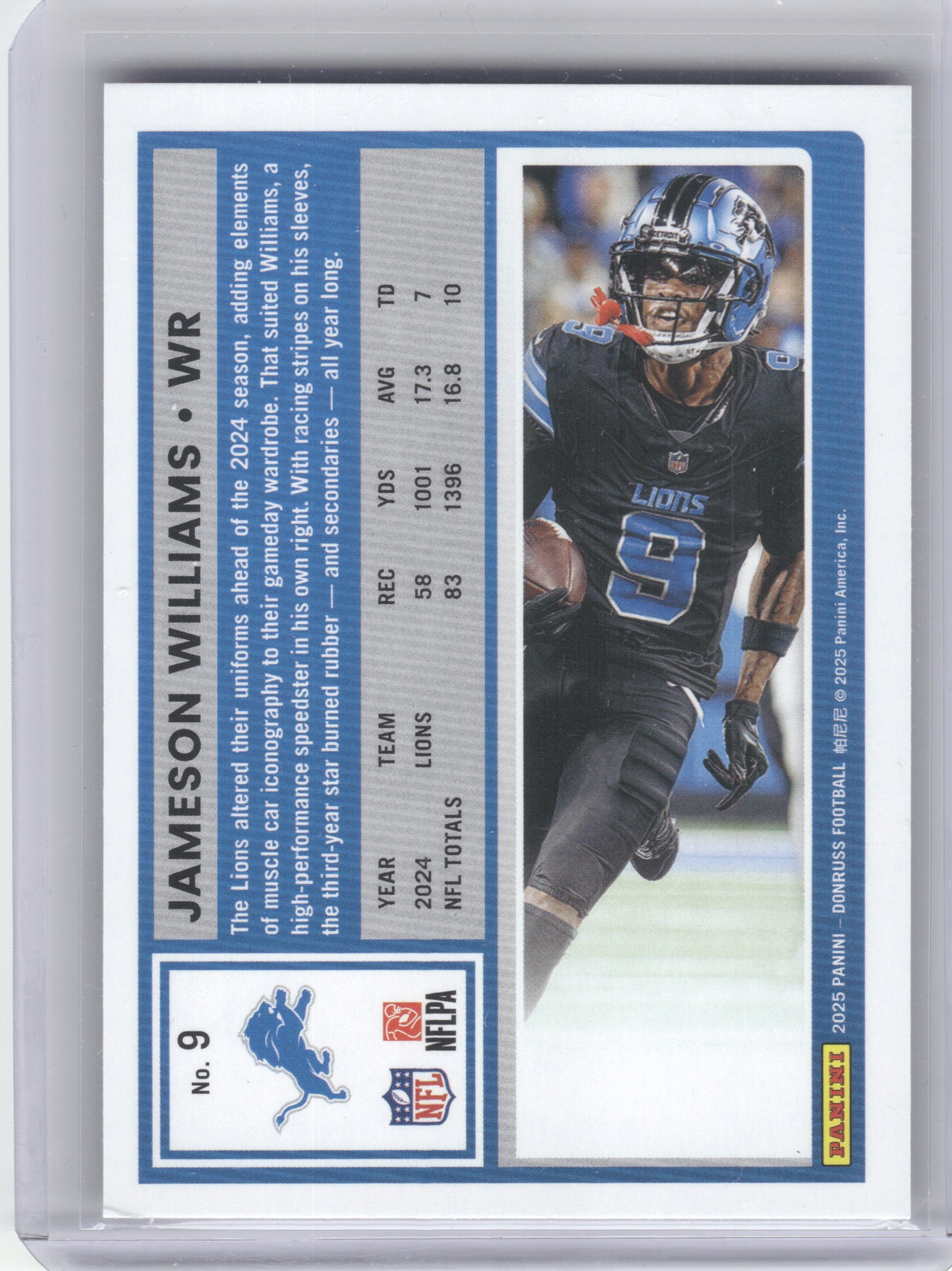 2025 Donruss #9 Jameson Williams Press Proofs Purple Detroit Lions