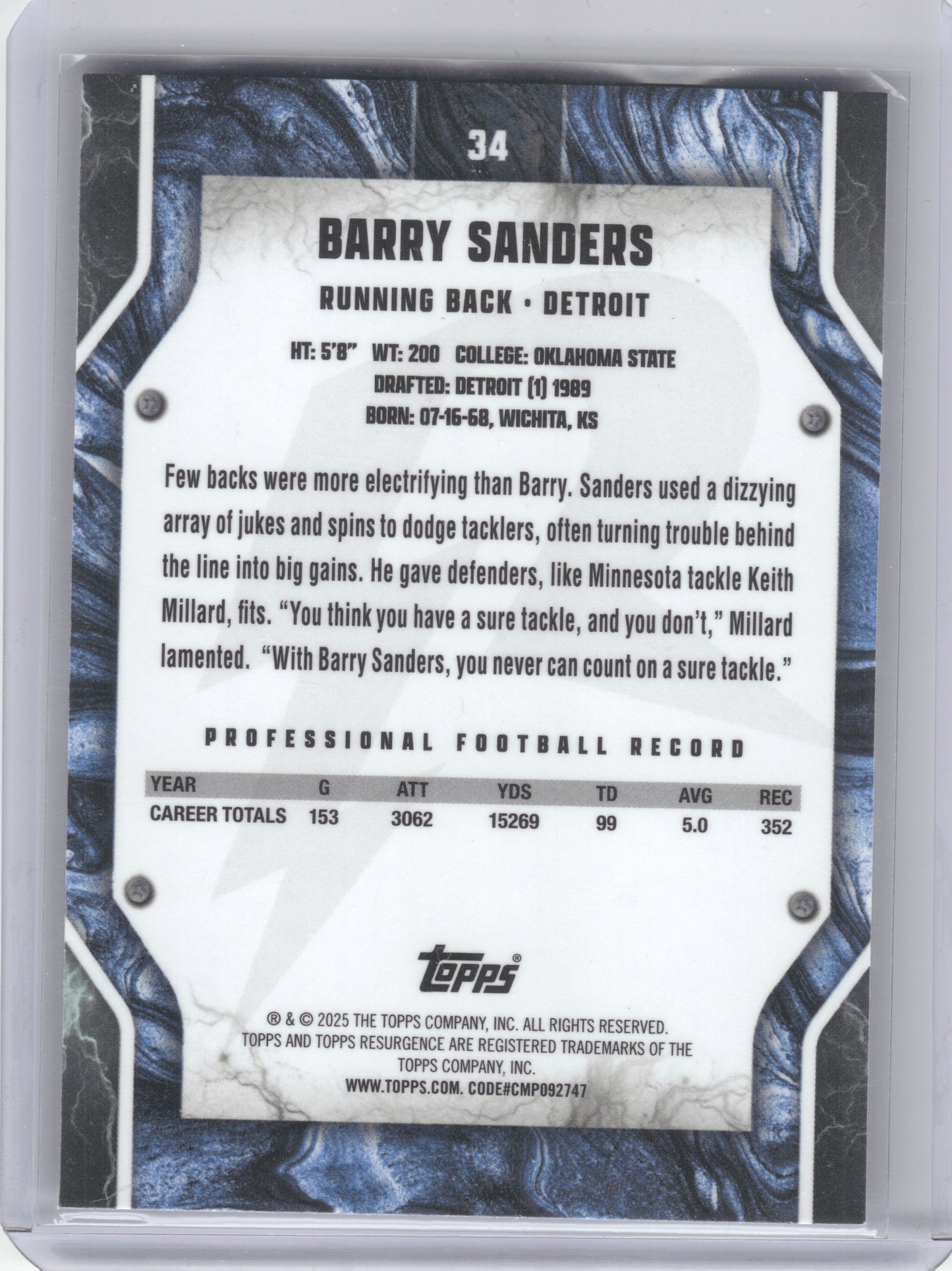 2024 Topps Resurgence #34 Barry Sanders Sky Blue & Pink Shock Detroit Lions