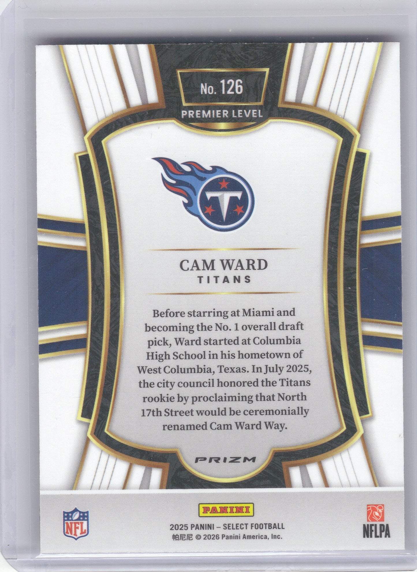 2025 Panini Select #126 Cam Ward Pink Prizm Shock Tennessee Titans RC