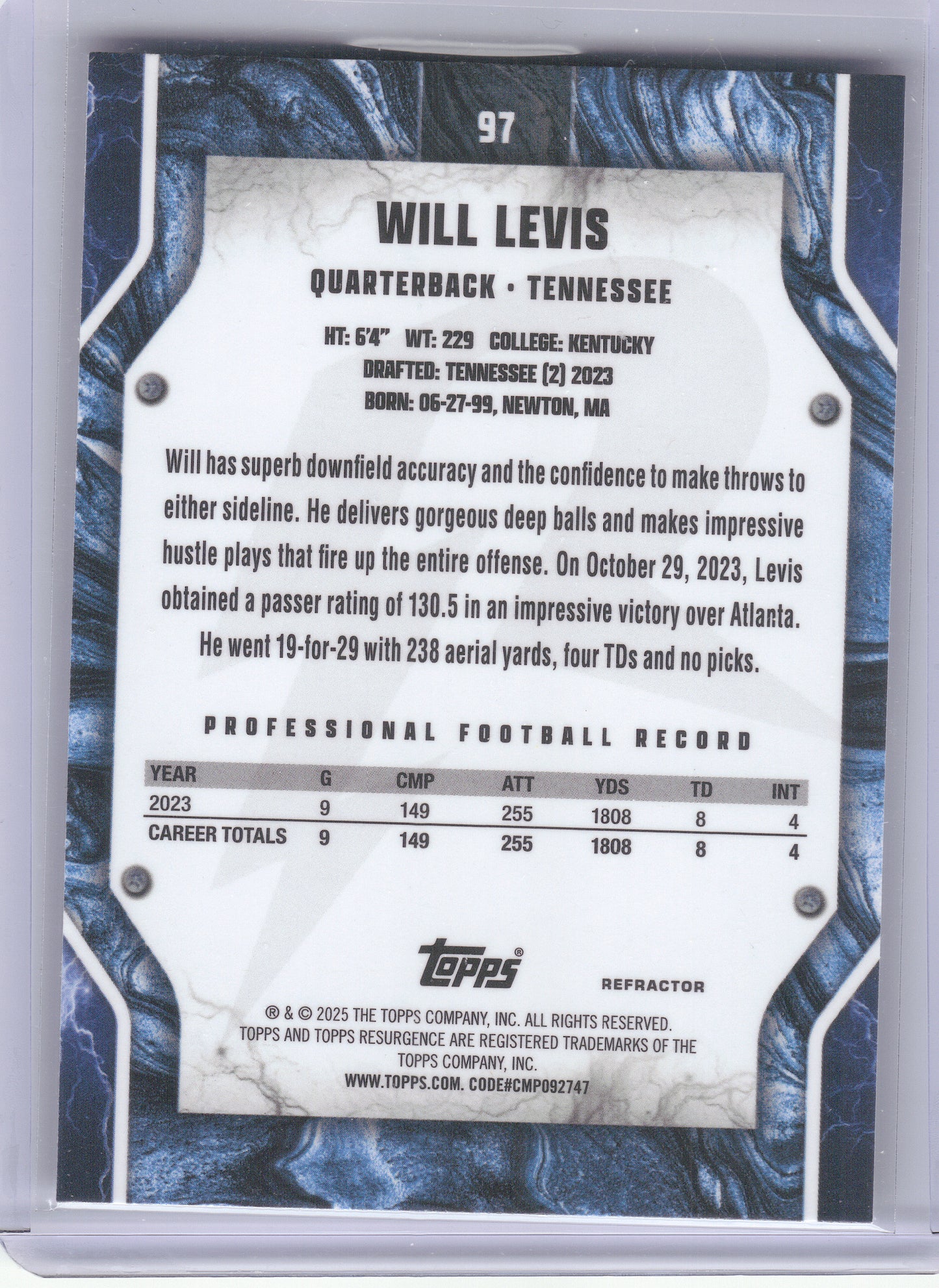 2024 Topps Resurgence #97 Will Levis Refractor Tennessee Titans