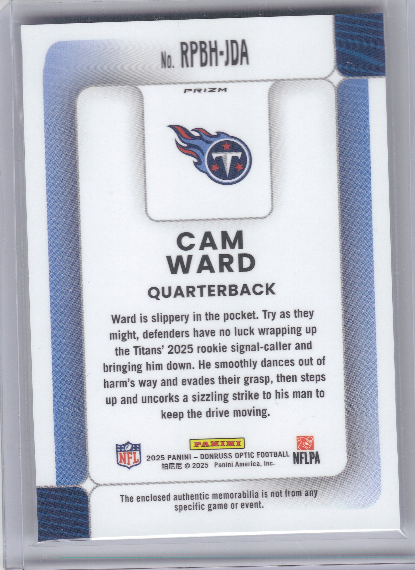 2025 Donruss Optic #RPBH-JDA Cam Ward Rookie Phenoms Blue Hyper Tennessee Titans MEM