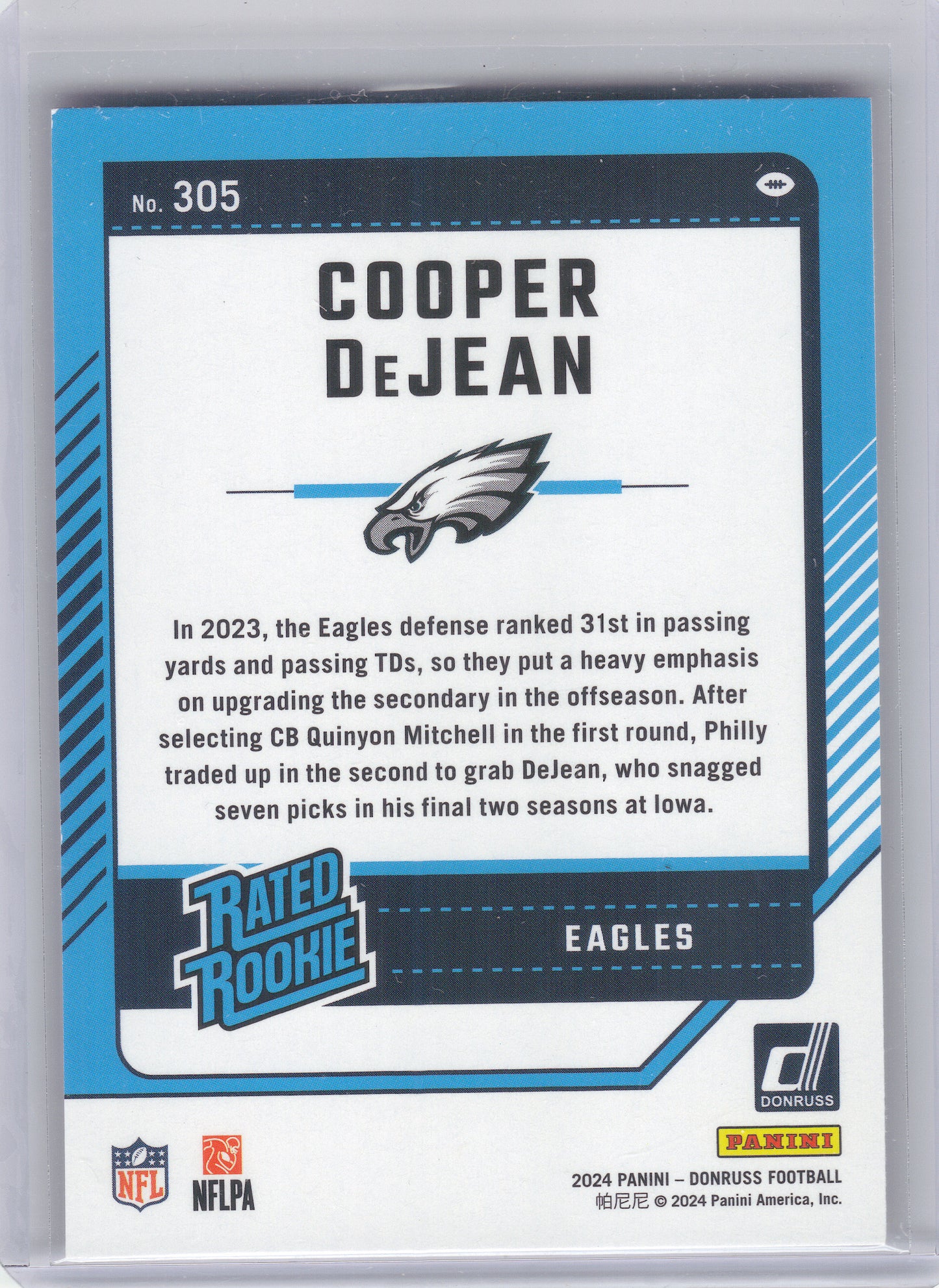 2024 Donruss #305 Cooper DeJean Press Proof Purple Philadelphia Eagles RC
