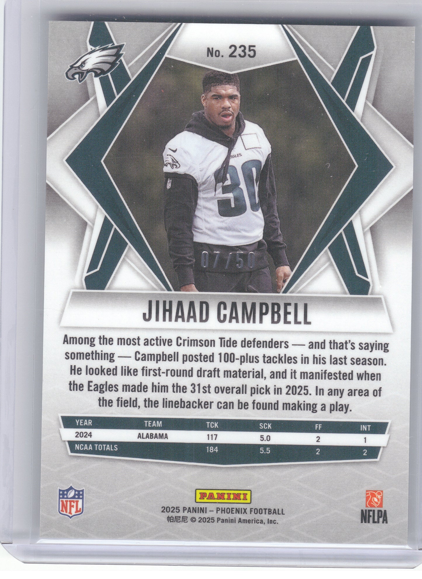 2025 Panini Phoenix #235 Jihaad Campbell Teal Mojo Prizm #/50 Philadelphia Eagles SN,RC