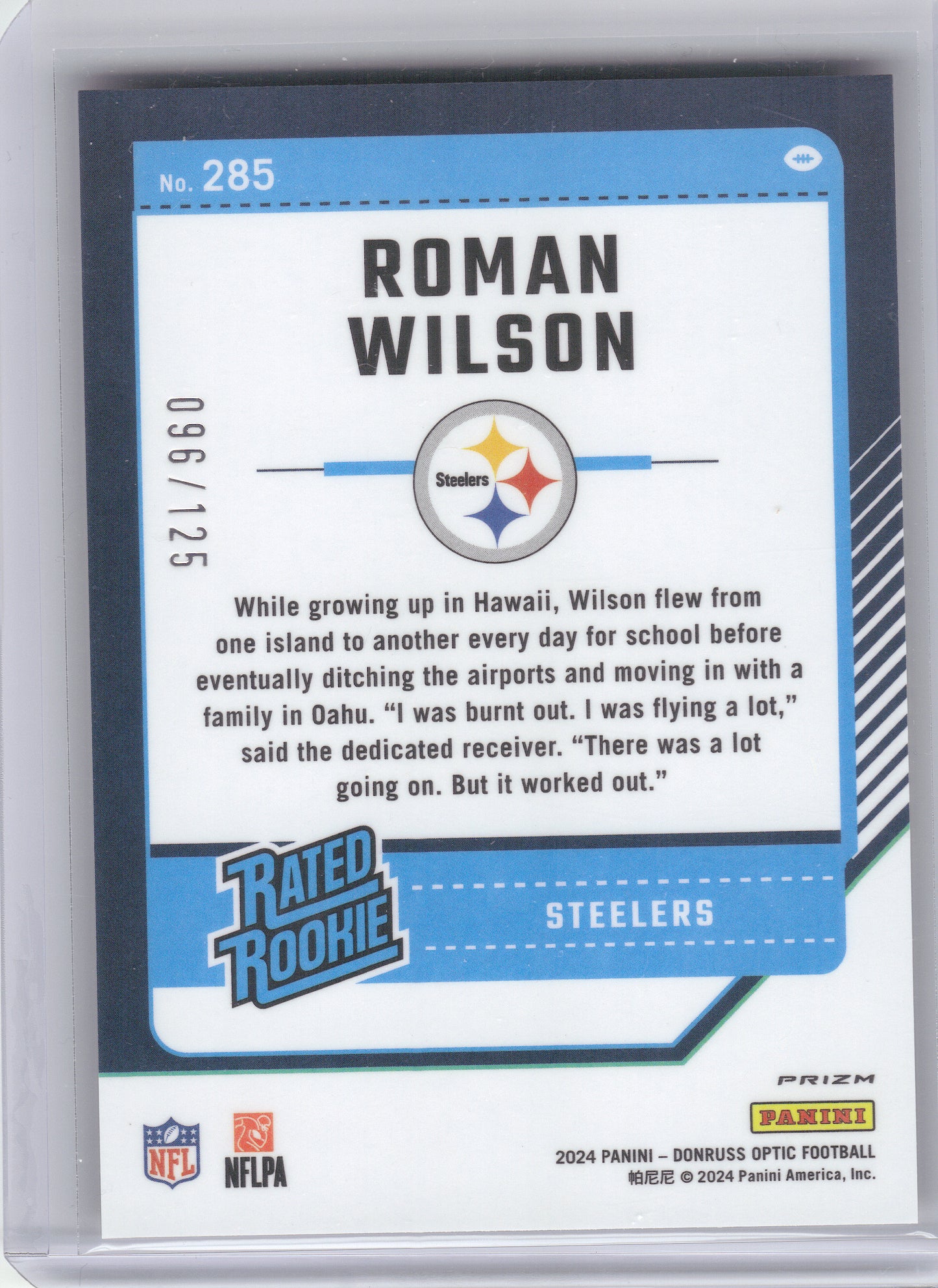 2024 Donruss Optic #285 Roman Wilson Red #/125 Pittsburgh Steelers SN