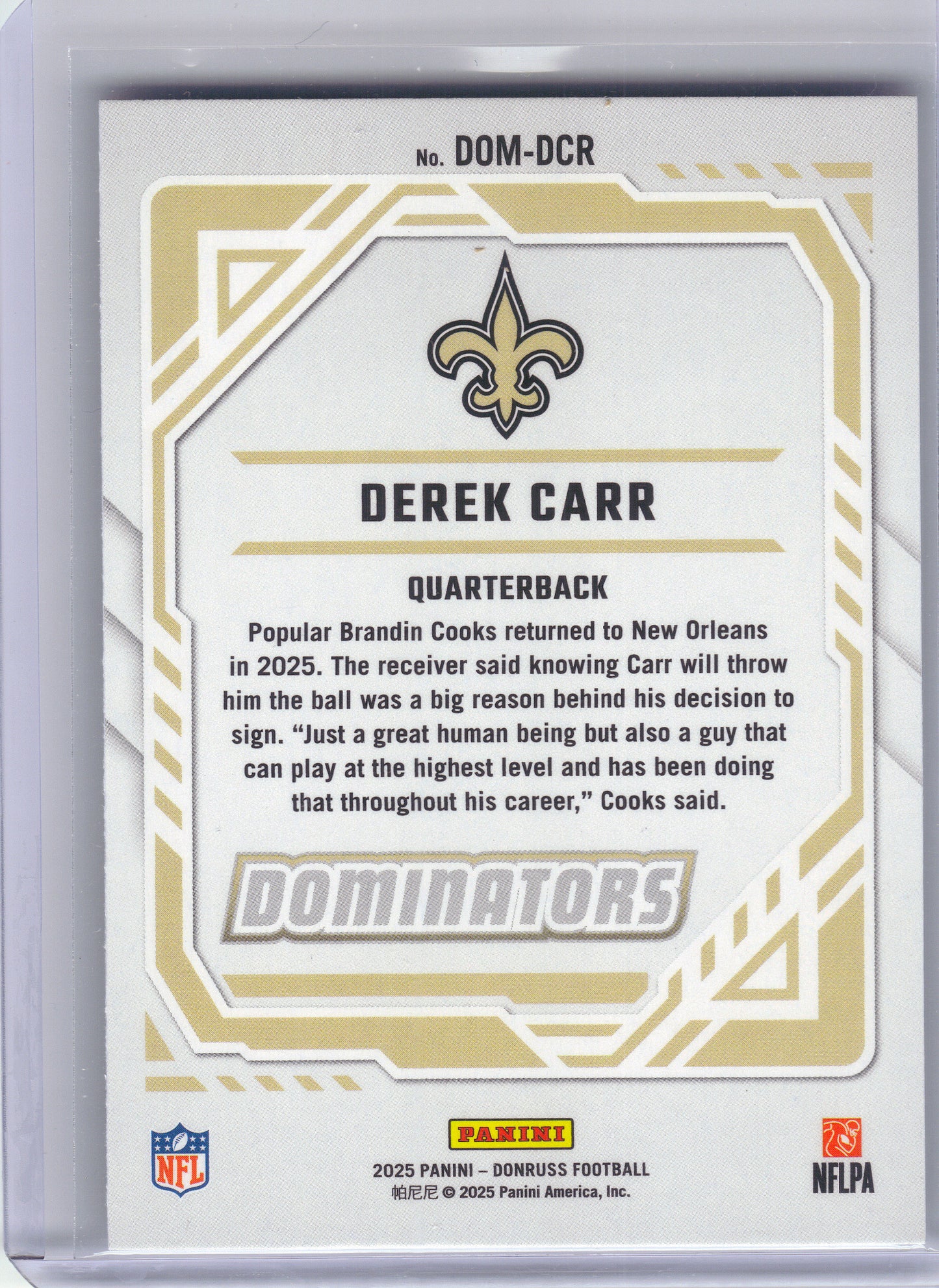 2025 Donruss #DOM-DCR Derek Carr Dominators New Orleans Saints