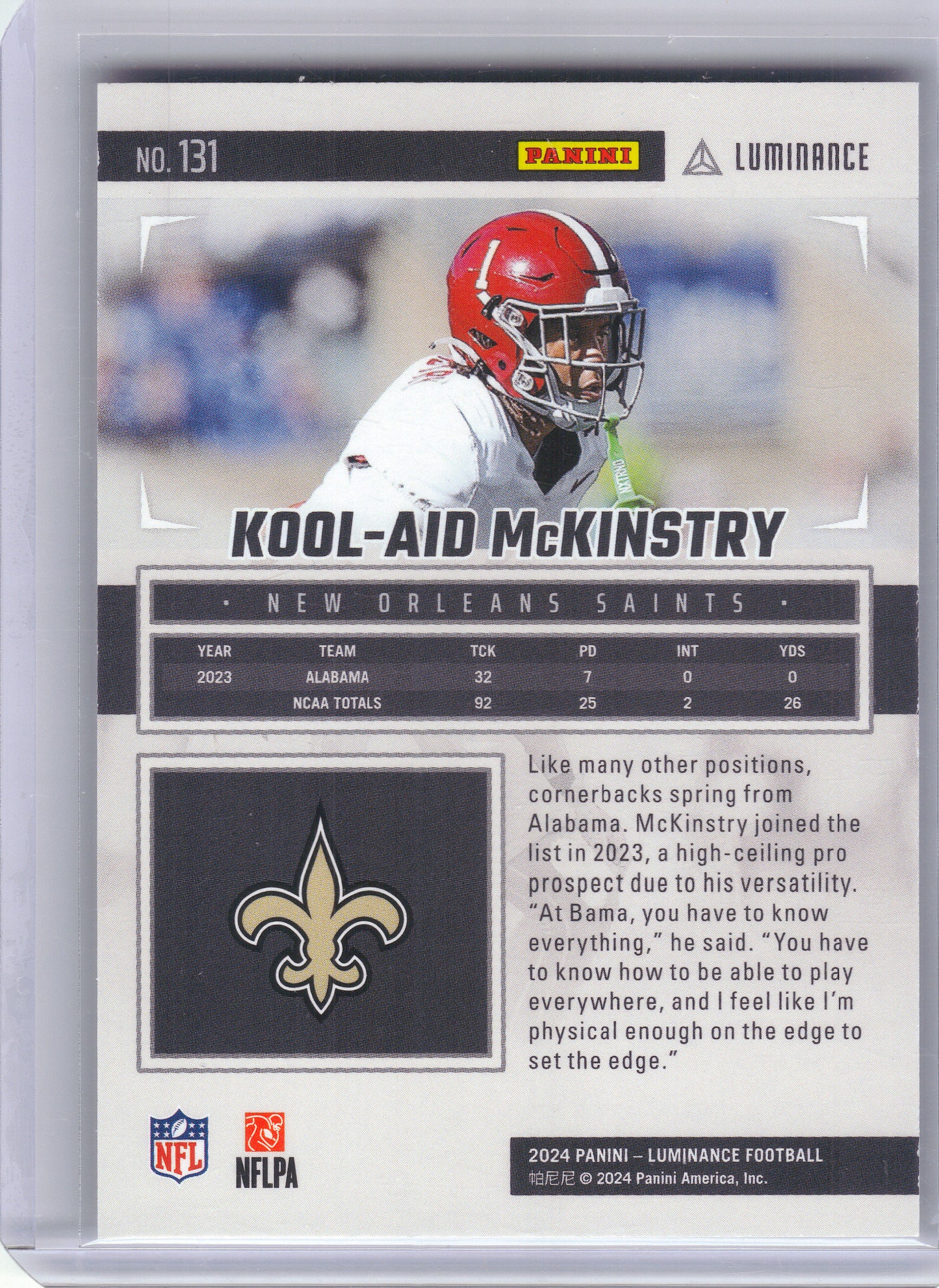 2024 Panini Luminance #131 Kool-Aid McKinstry Purple #/175 New Orleans Saints SN