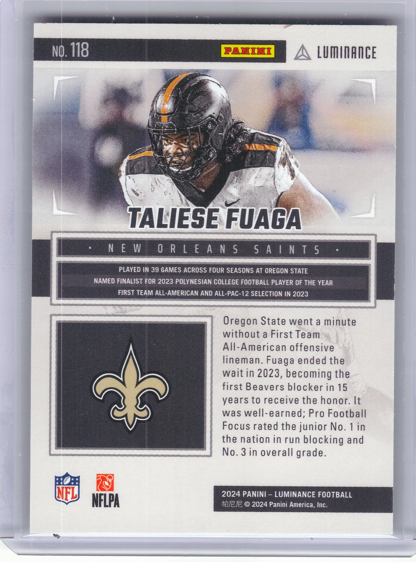 2024 Panini Luminance #118 Taliese Fuaga Green #/100 New Orleans Saints SN