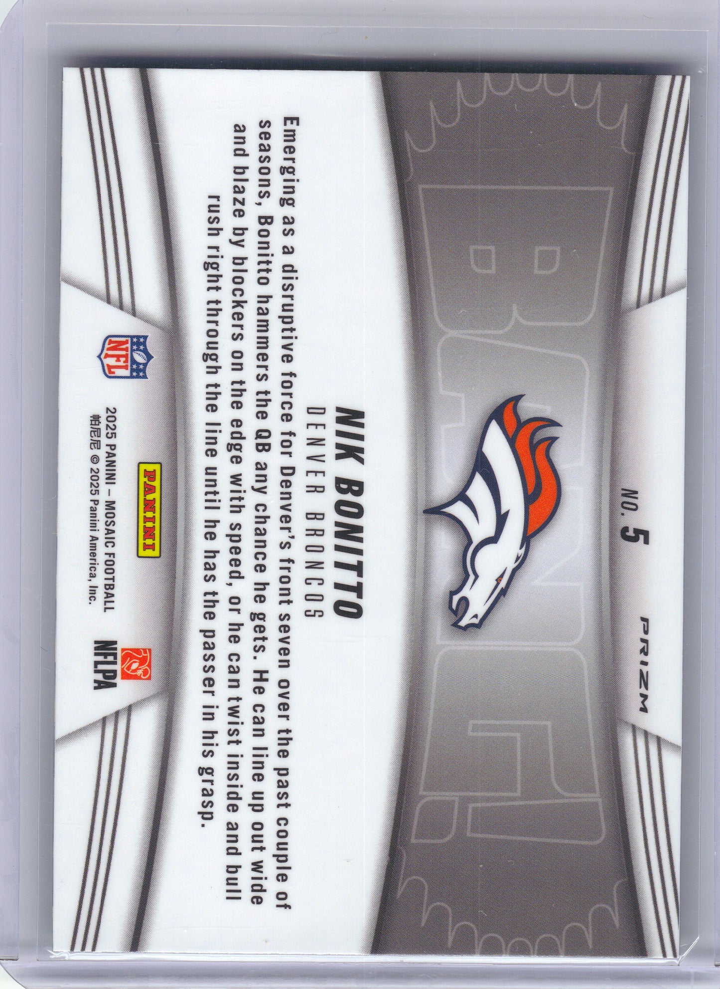 2025 Panini Mosaic #5 Nik Bonitto Bang! Mosaic Green Denver Broncos