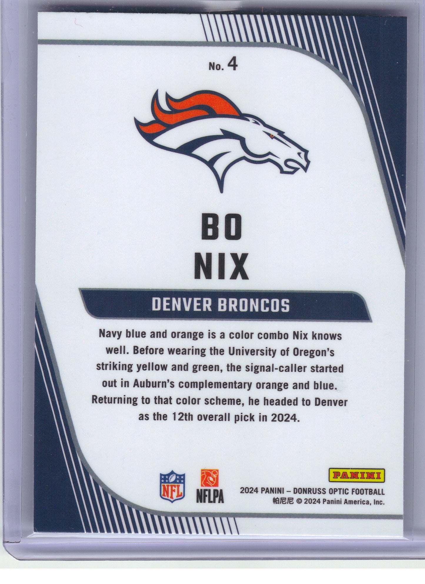2024 Donruss Optic #4 Bo Nix Rookie Primary Colors Denver Broncos