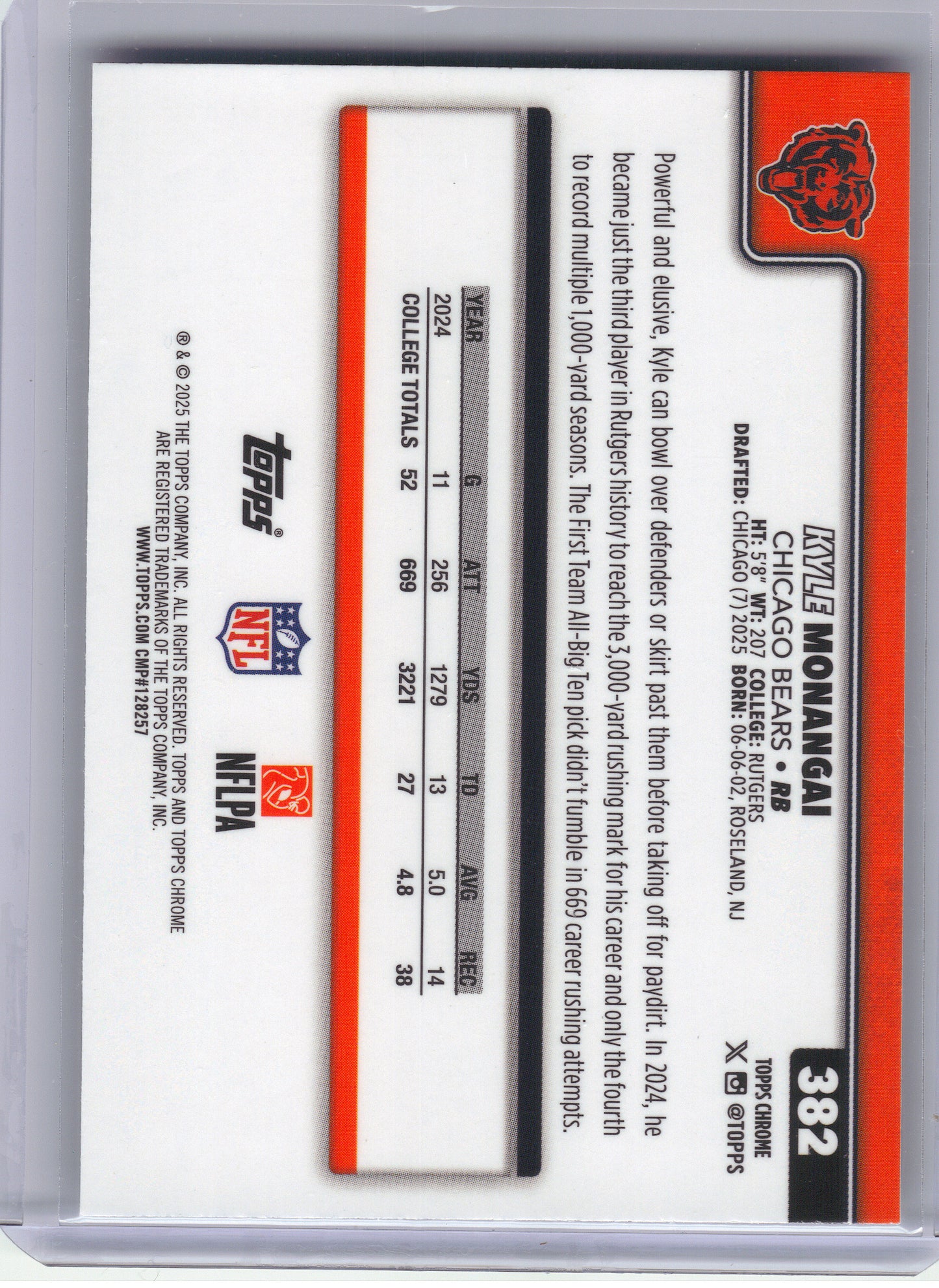 2025 Topps Chrome #382 Kyle Monangai Chicago Bears RC