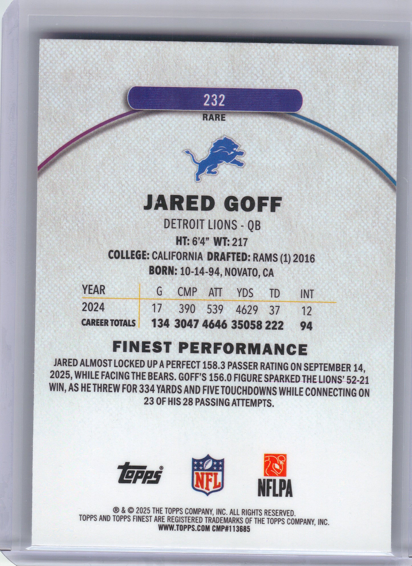 2025 Finest #232 Jared Goff Detroit Lions