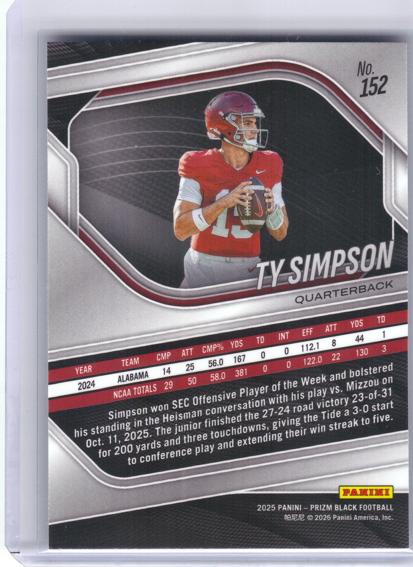 2025 Panini Prizm Black #152 Ty Simpson Alabama Crimson Tide