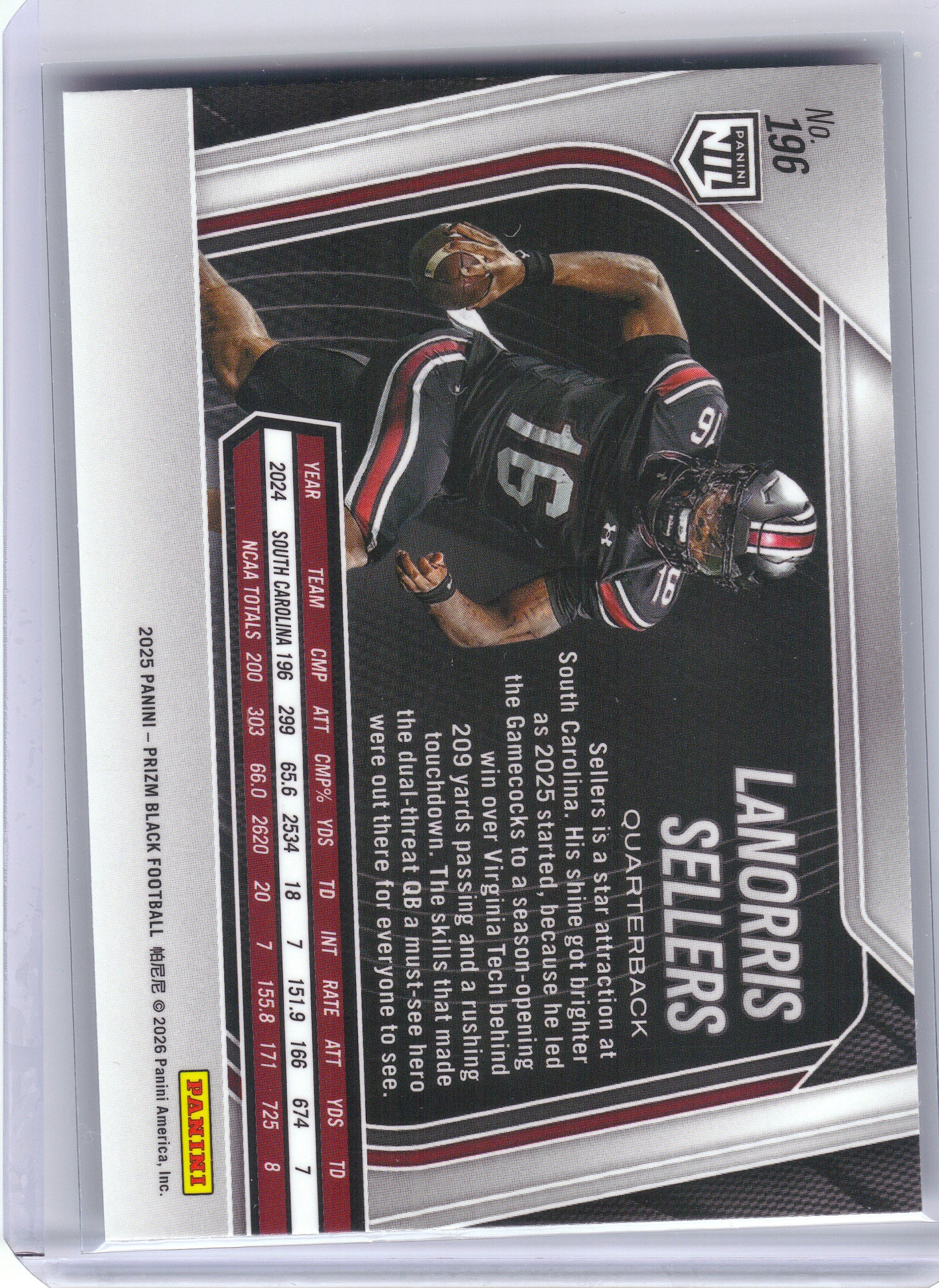 2025 Panini Prizm Black #196 LaNorris Sellers South Carolina Gamecocks