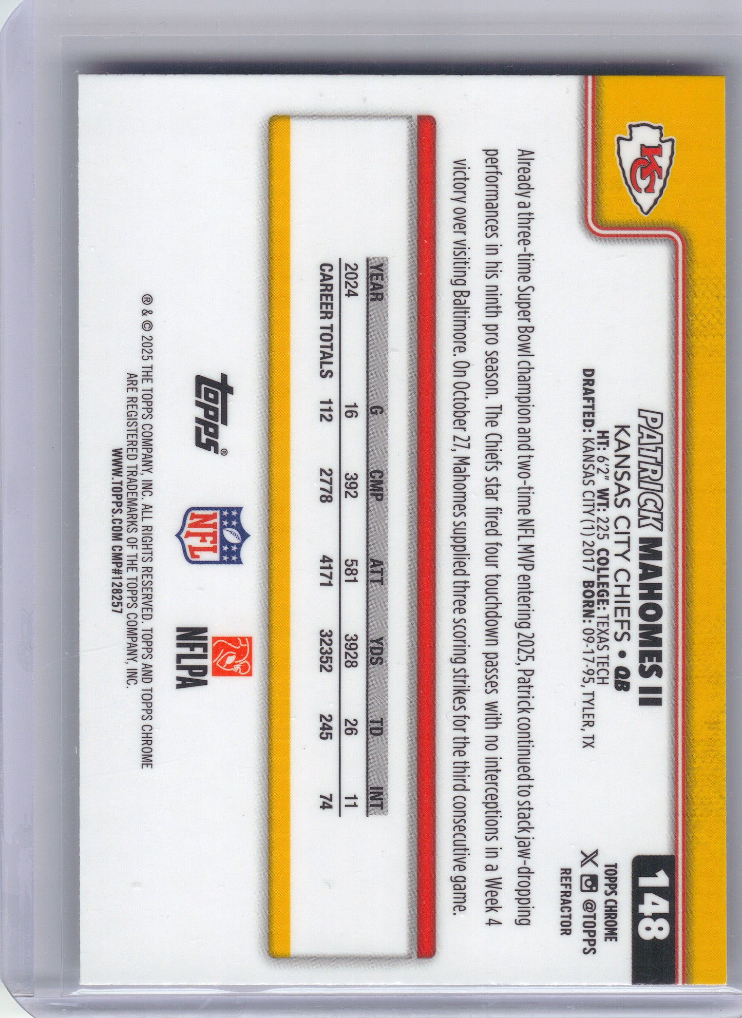 2025 Topps Chrome #148 Patrick Mahomes II Football Leather Refractor Kansas City Chiefs