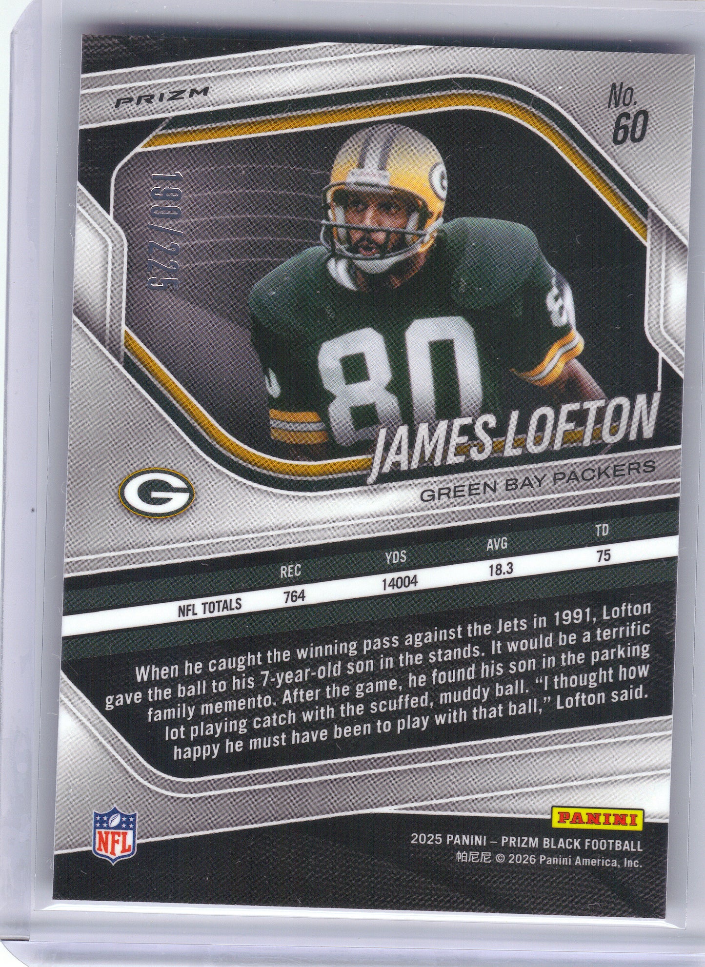 2025 Panini Prizm Black #60 James Lofton Prizms Football #/225 Green Bay Packers SN