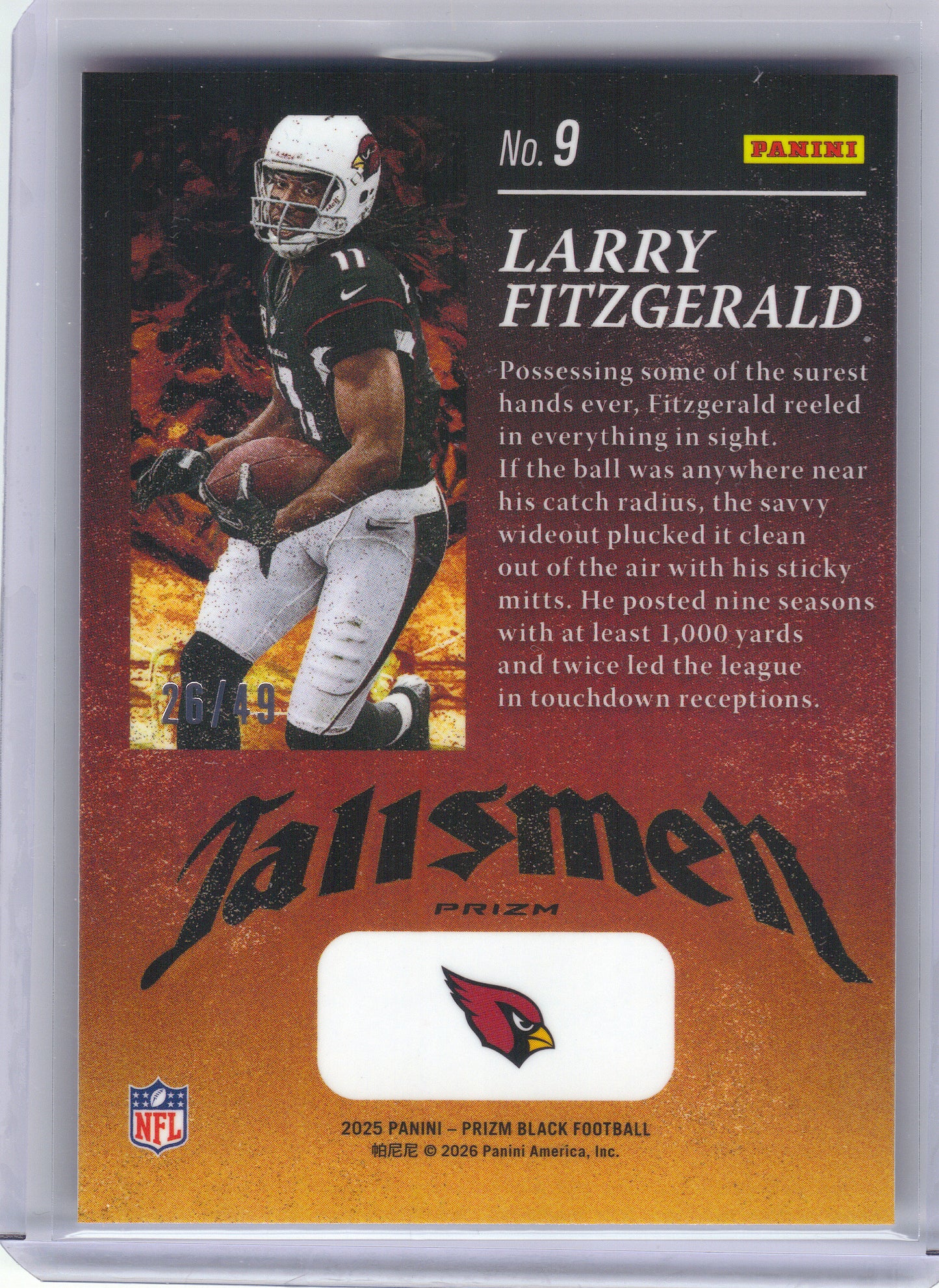 2025 Panini Prizm Black #9 Larry Fitzgerald Talisman Orange #/49 Arizona Cardinals SN