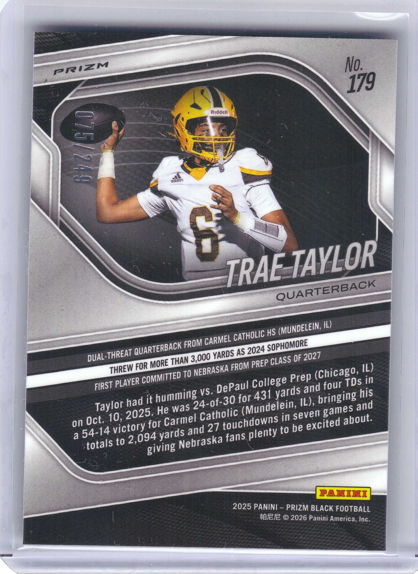 2025 Panini Prizm Black #179 Trae Taylor Prizms Skewed #/249 Millard South High School Patriots SN