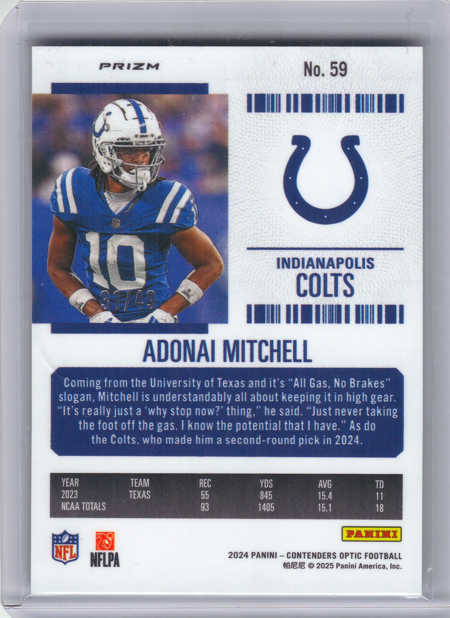 2024 Panini Contenders Optic #59 Adonai Mitchell Green Pulsar #/49 Indianapolis Colts SN,RC