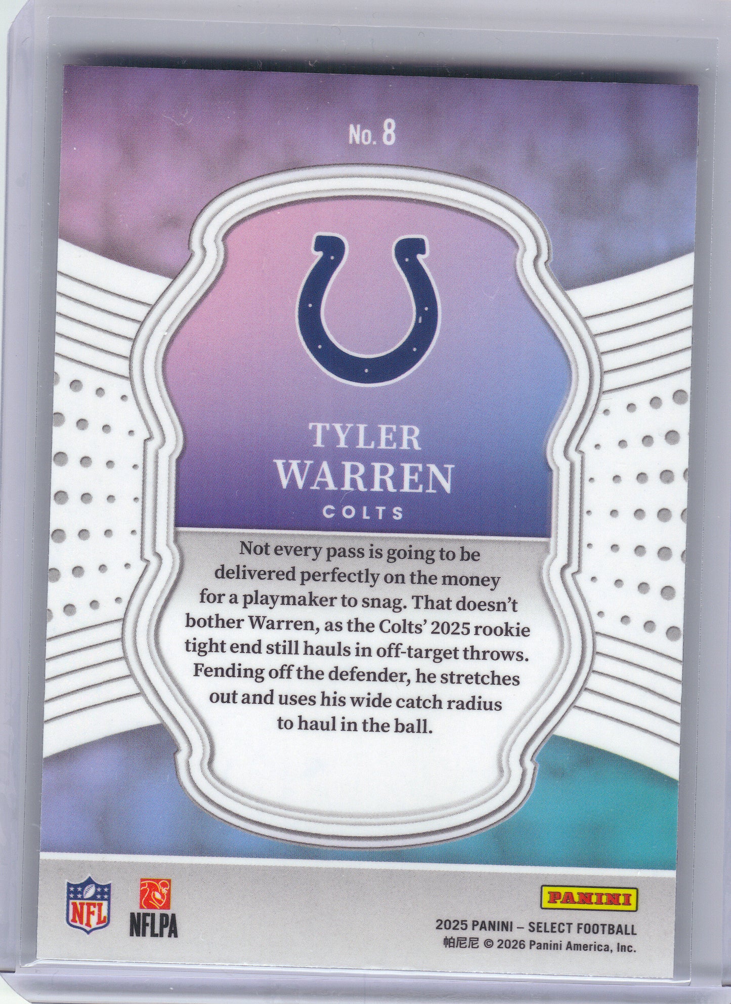 2025 Panini Select #8 Tyler Warren Select Certified Rookies Indianapolis Colts